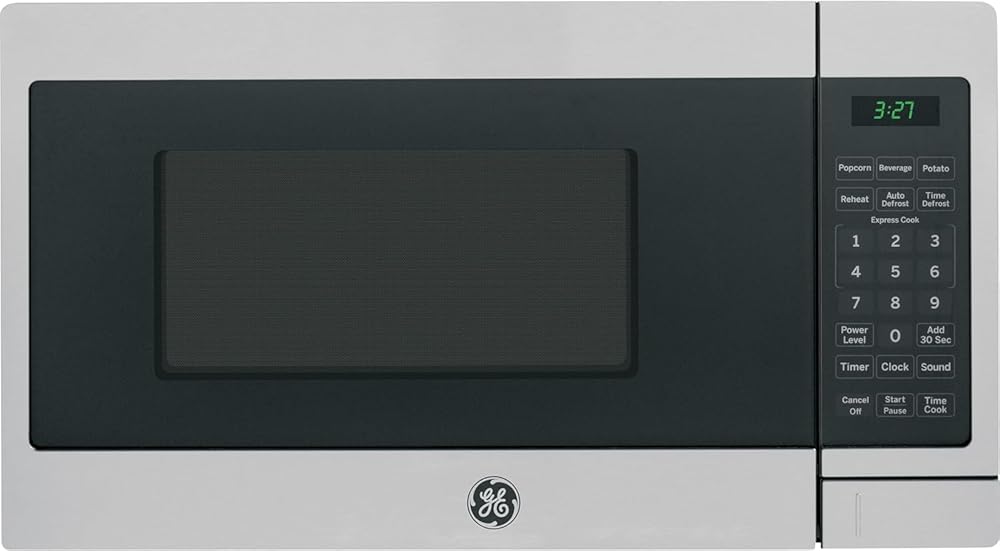 GE Countertop Microwave Oven, Compact 0.7 Cubic Ft., 700-watt Capacity, 6 Auto Cooking Settings, Child-Lock Technology, Kitchen Essentials for the Countertop, Dorm Room or Apartment, Stainless Steel