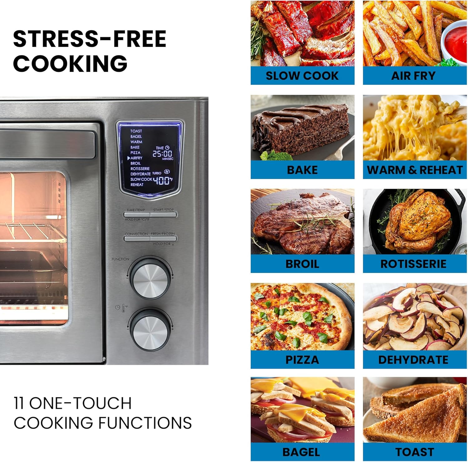 Kenmore Toaster Oven Air Fryer - Fry Chicken, Rotisserie, Bake Bread, Cookie, Pizza Dehydrator Racks Convection Kitchen Appliances 26 Quart Horno Freidora De Aire Stainless Steel
