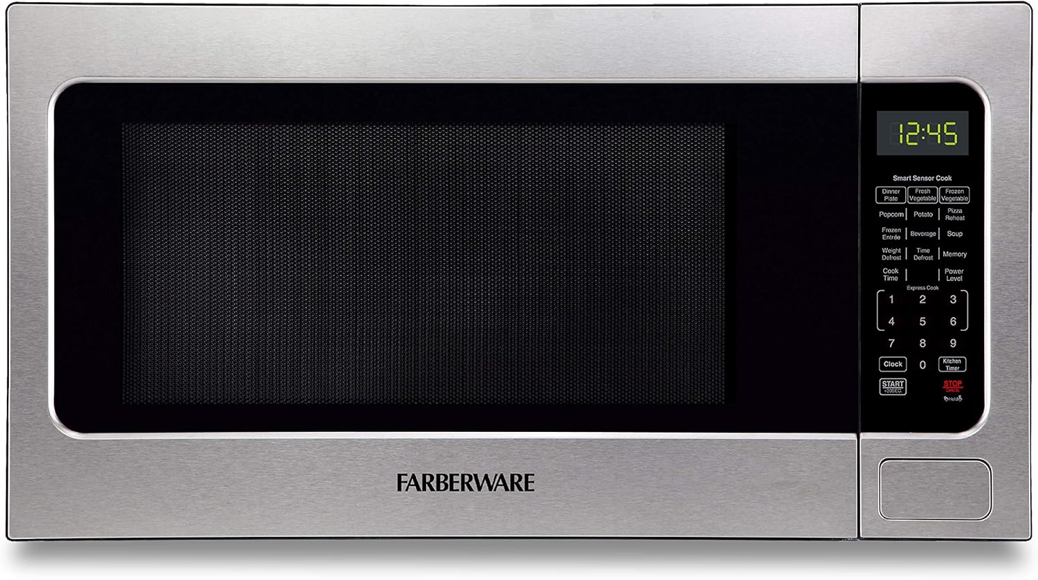 Farberware 2.2 Cu. Ft. Countertop Microwave Oven – 1100 Watts Power, Smart Sensor Auto Cook Settings, Defrost, Easy Clean and Child Safety Lock - Stainless