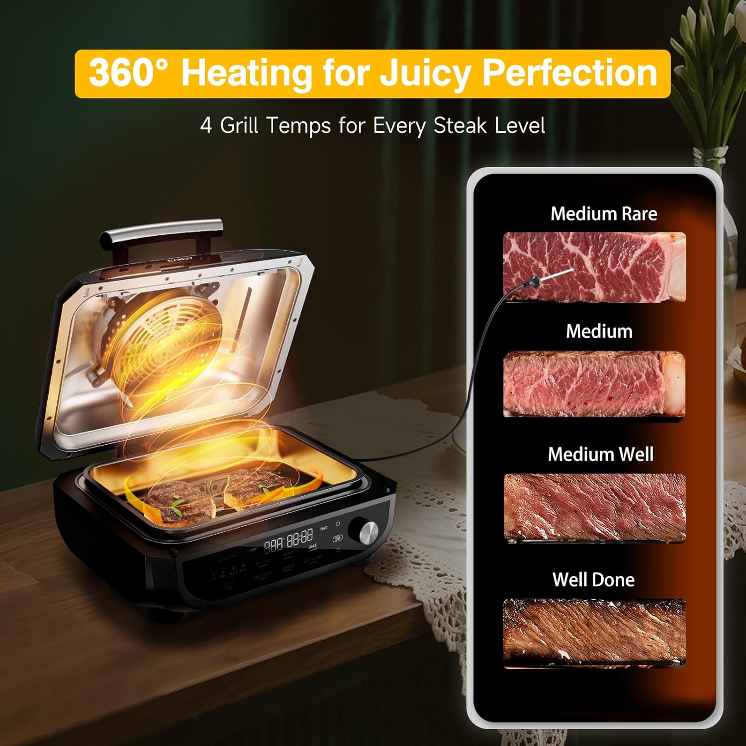 Candy Indoor Grill & Air Fryer with Ceramic Accessories, 500°F Max, 7-IN-1 Digital Display, 5.2 QT Electric Low Smoke with View Window, Smart Thermometer, Crisp, Roast & Dehydrate, Easy Clean, 1500W