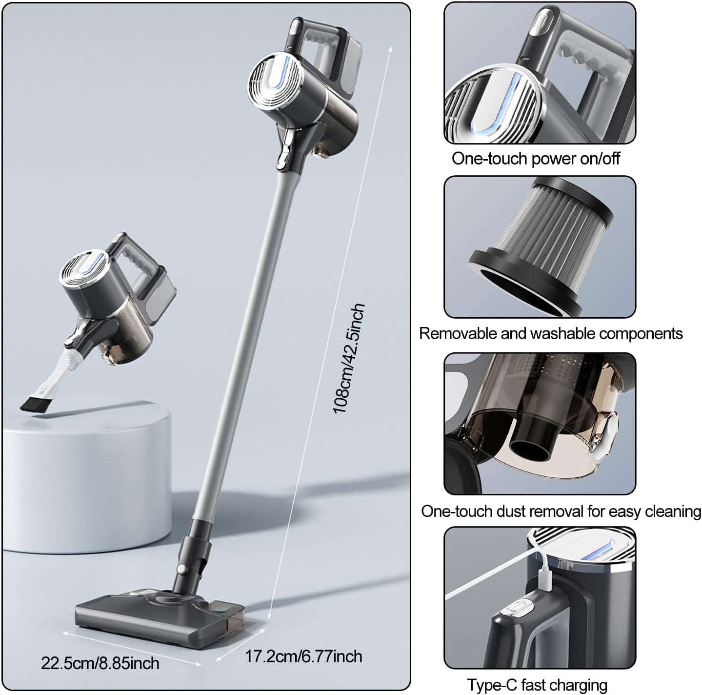 Cordless Vacuum Cleaner, Rechargeable Vacuum Cleaners for Home, Self-Standing Stick Vacuum with Mopping Function and Green LED Headlight, Ultra High-Power Brush for Plush Carpet/All Floor