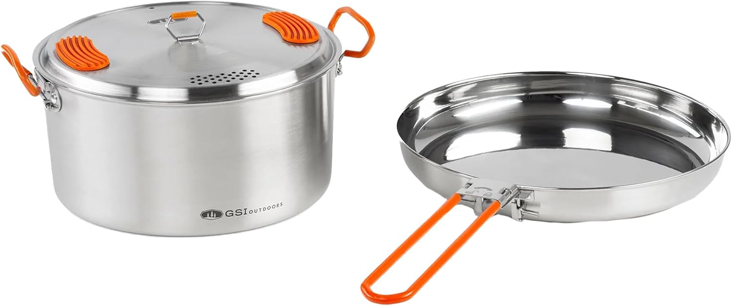 GSI Outdoors Glacier 3L Cookset, Stainless Steel Camping Cookware Set with 3-Liter Pot, Frypan, and Strainer Lid – Nesting Design for Backpacking, Hiking, and Overlanding