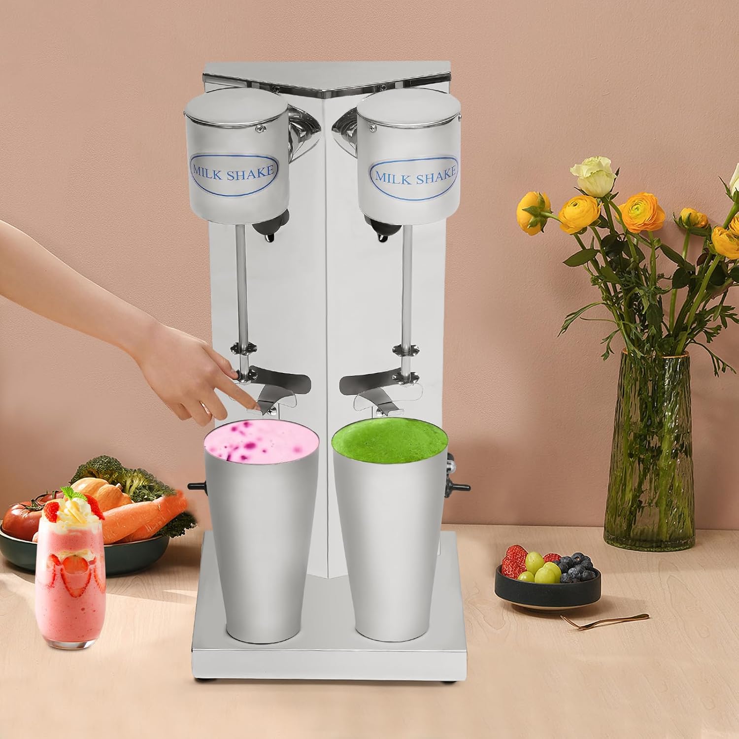 Commercial Stainless Steel Double Head Milkshake Maker, 1800W Electric Milkshake Machine with Two 800ml Cups, 16000RPM High-Speed Blender for Shakes, Smoothies, Cocktails, Ideal for Home, Cafe, Bar