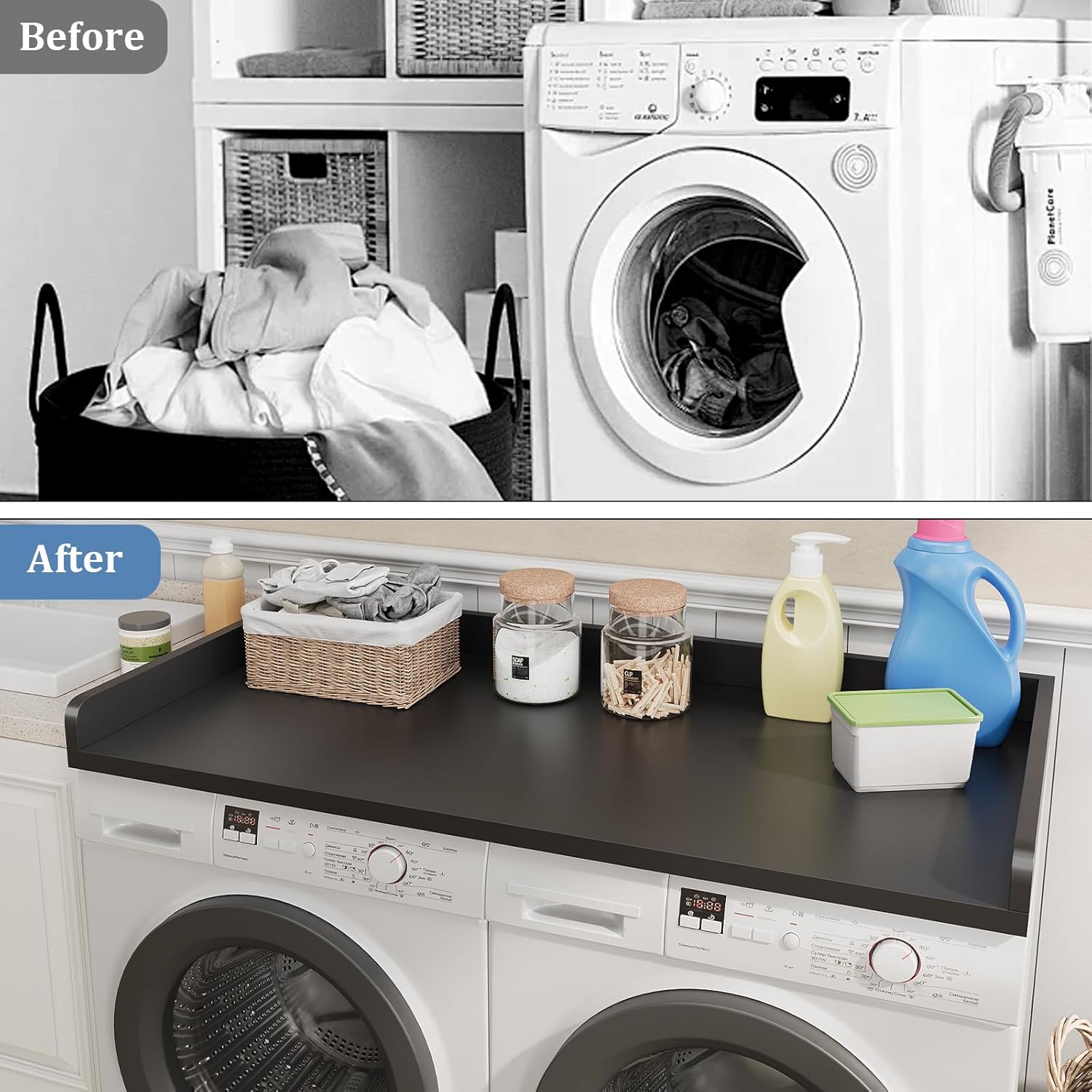 Washer Dryer Countertop, Countertop for Washer Dryer with Non-Slip Mat, Easy to Clean, Washer Dryer Wooden Countertop for Organization, 54″W x 27.5″D x 3.2″H Laundry Countertop(Black)