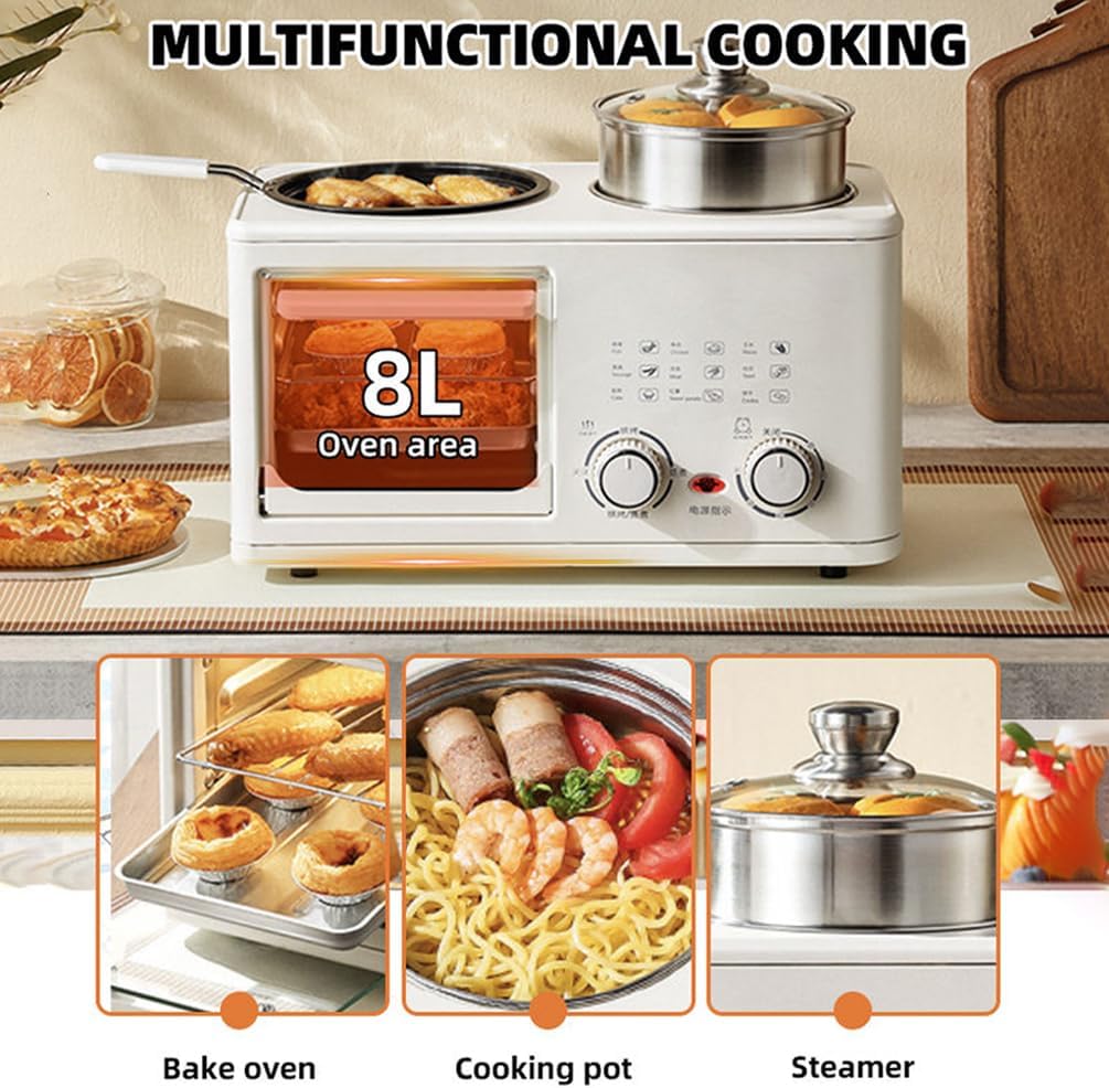 This Breakfast Appliance Features An 8-liter Oven, a 1-liter Cooking Pot, a Steamer, and a Timer, Making It Ideal for Small Kitchens and Apartments. (Avocado green)