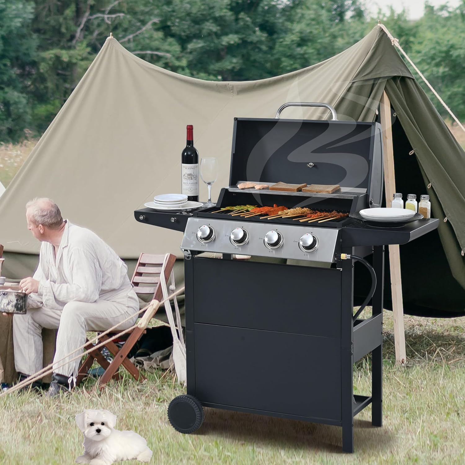 4-Burner Gas Grill Stainless Steel, Barbecue Grill Cart with 2 Side Tables Shelves for Camping/Outdoor Cooking/Patio and Garden - Black (4 Burner)