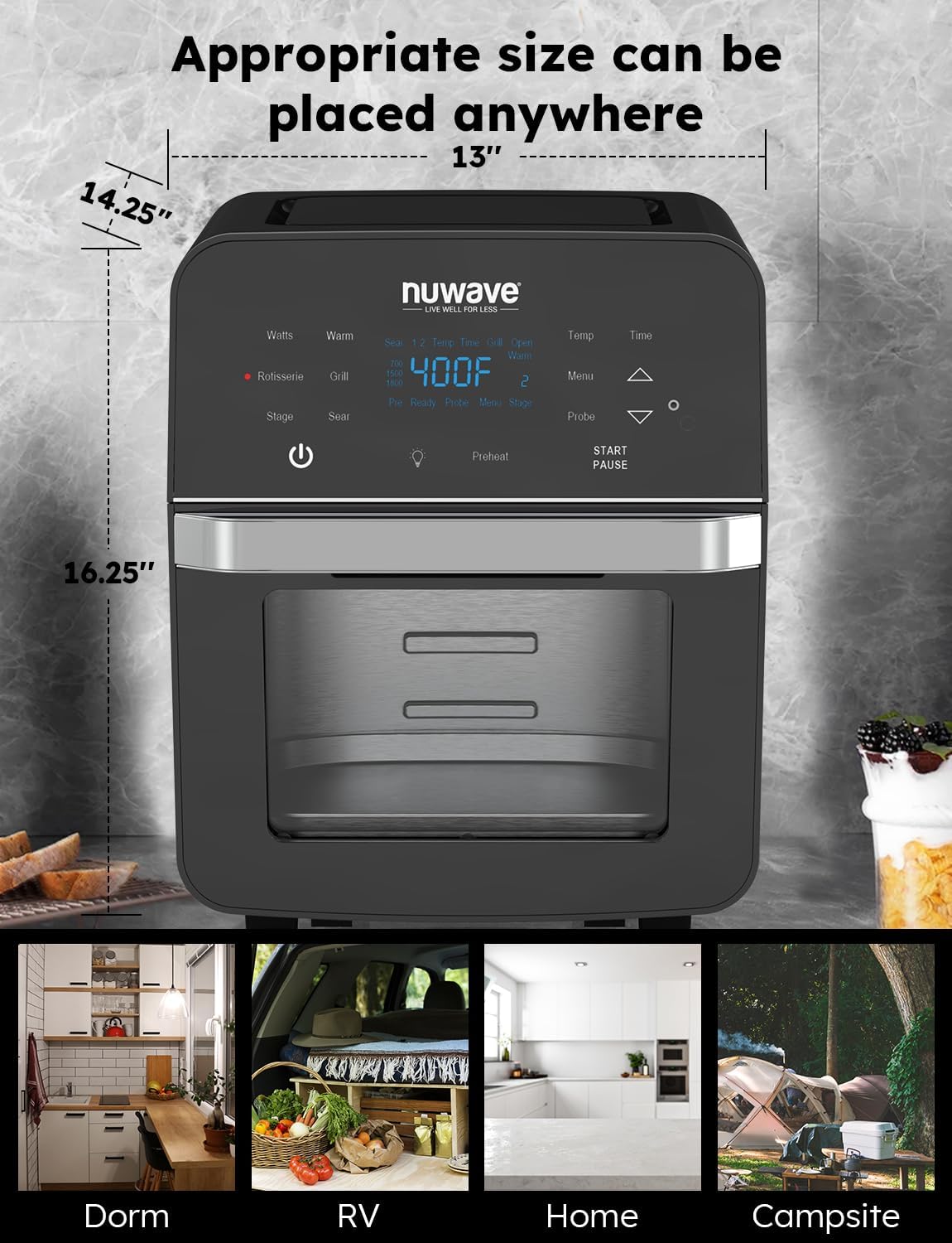 Nuwave Brio Air Fryer Oven, 15.5Qt X-Large Family Size, SS Rotisserie Basket &-Skewer Kit, Powerful 1800W, 50F-425F Temp Controls, Integrated Smart Thermometer