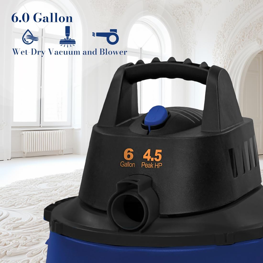 Koblenz Wet-Dry Vacuum Cleaner, 6-Gallon Tank, Superior 4.5 Peak HP Motor, Lightweight Vacuum Cleaner and Blower, Tackles Dry and Wet Messes, Accessories Included, Black+Blue (WD-6 L212)