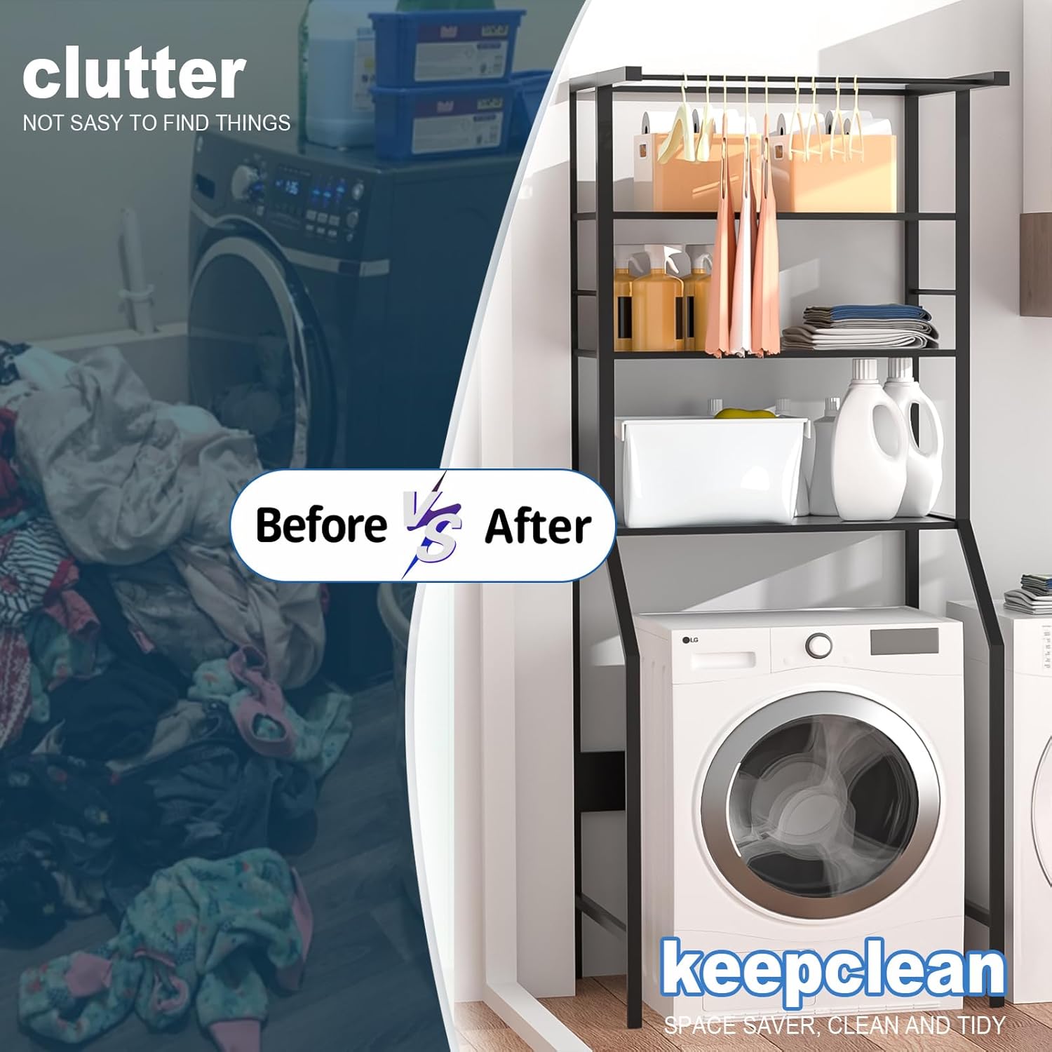 VZONE Over The Washer and Dryer Storage Shelf - All Steel Laundry Room Organizer Standing Shelf, Heavy Duty Clothes Drying Rack with Rod, Super Tough 28.74