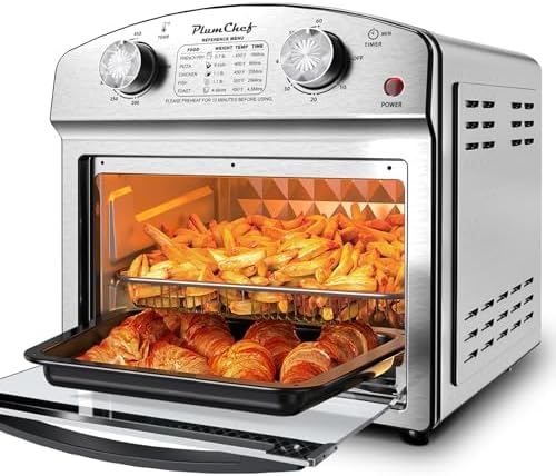 PlumChef 13 Quart 4 Slices Air Fryer Convection Toaster Oven, 1500W, Multifunction Oven with Reference Menus on Panel, Time and Temperature Controls,Stainless Steel