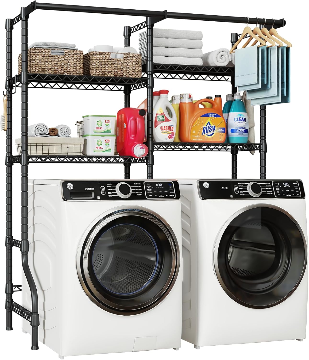 U14 Medium Over the Washer and Dryer Shelves, 4 Tiers Laundry Room Storage and Organizer System, Space Saving Clothes Drying Rack with 2 Clothes Hanger Rods, 57.8