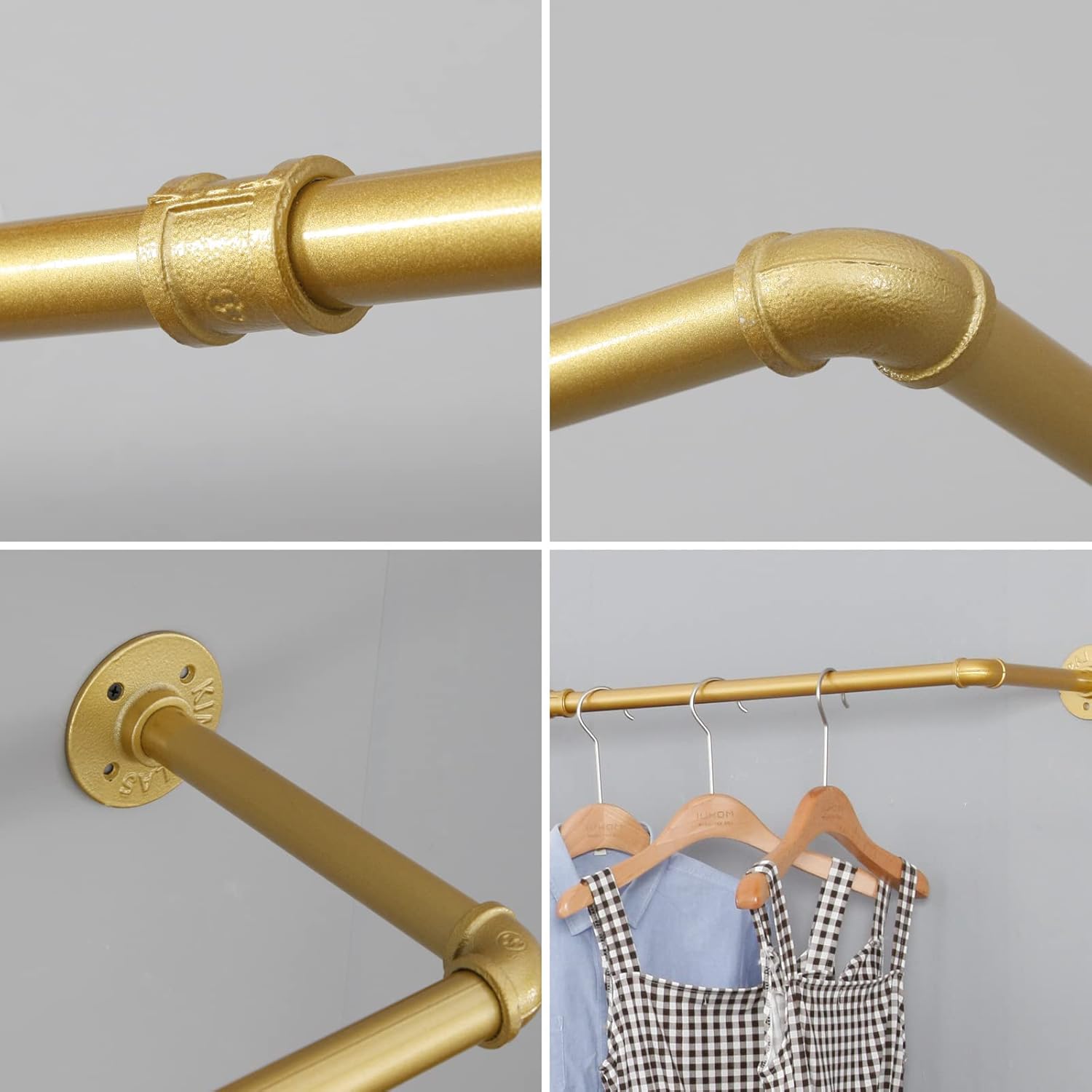 Industrial Pipe Clothing Rack Wall Mounted,Vintage Retail Garment Rack Display Rack Cloths Rack,Metal Commercial Clothes Racks for Hanging Clothes,Iron Clothing Rod Laundry Room (47in, Gold)