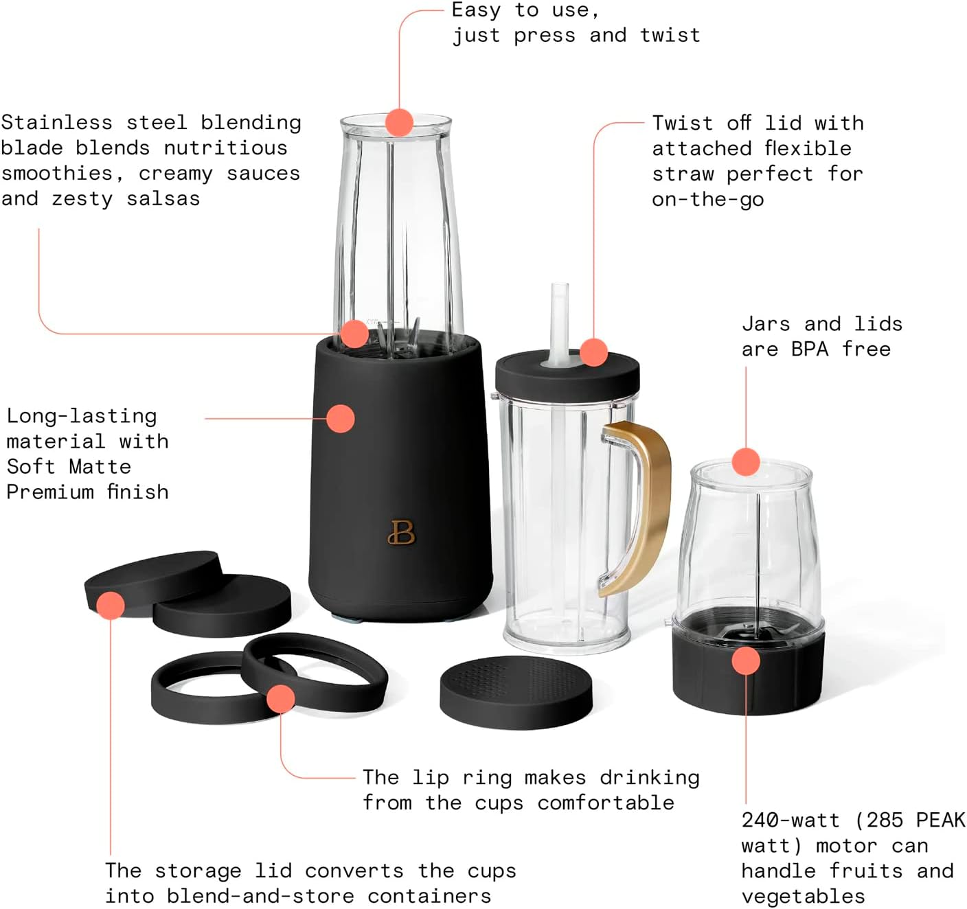 Beautiful Personal Blender, 12 Piece Set by Drew Barrymore (Black Sesame)