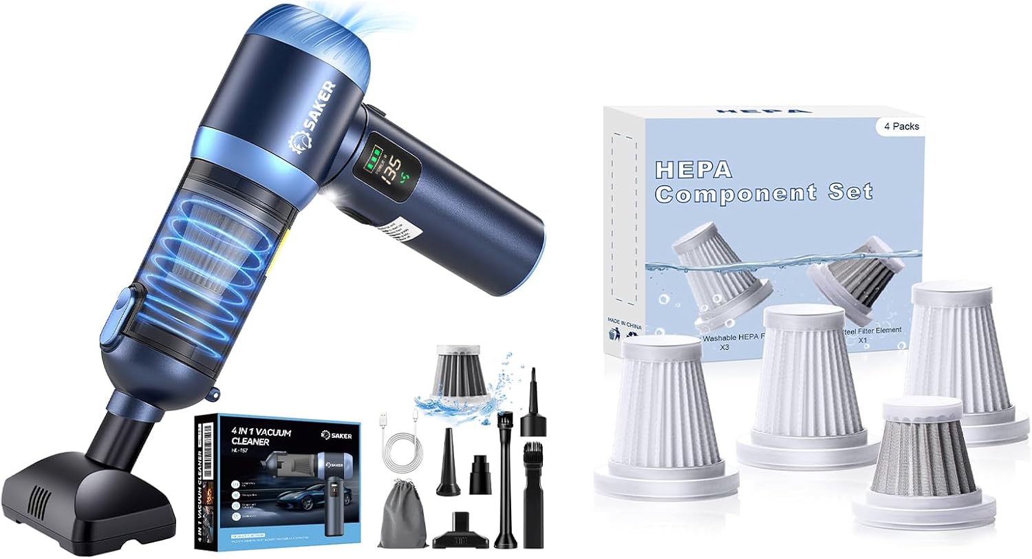 Saker Car Vacuum Cleaner HL157 4-in-1 Cordless Handheld Vacuum with 20000Pa Suction & LED Light + Original HEPA & Steel Filter Set (4PCS), Portable for Car, Home, Office, Pet Blue