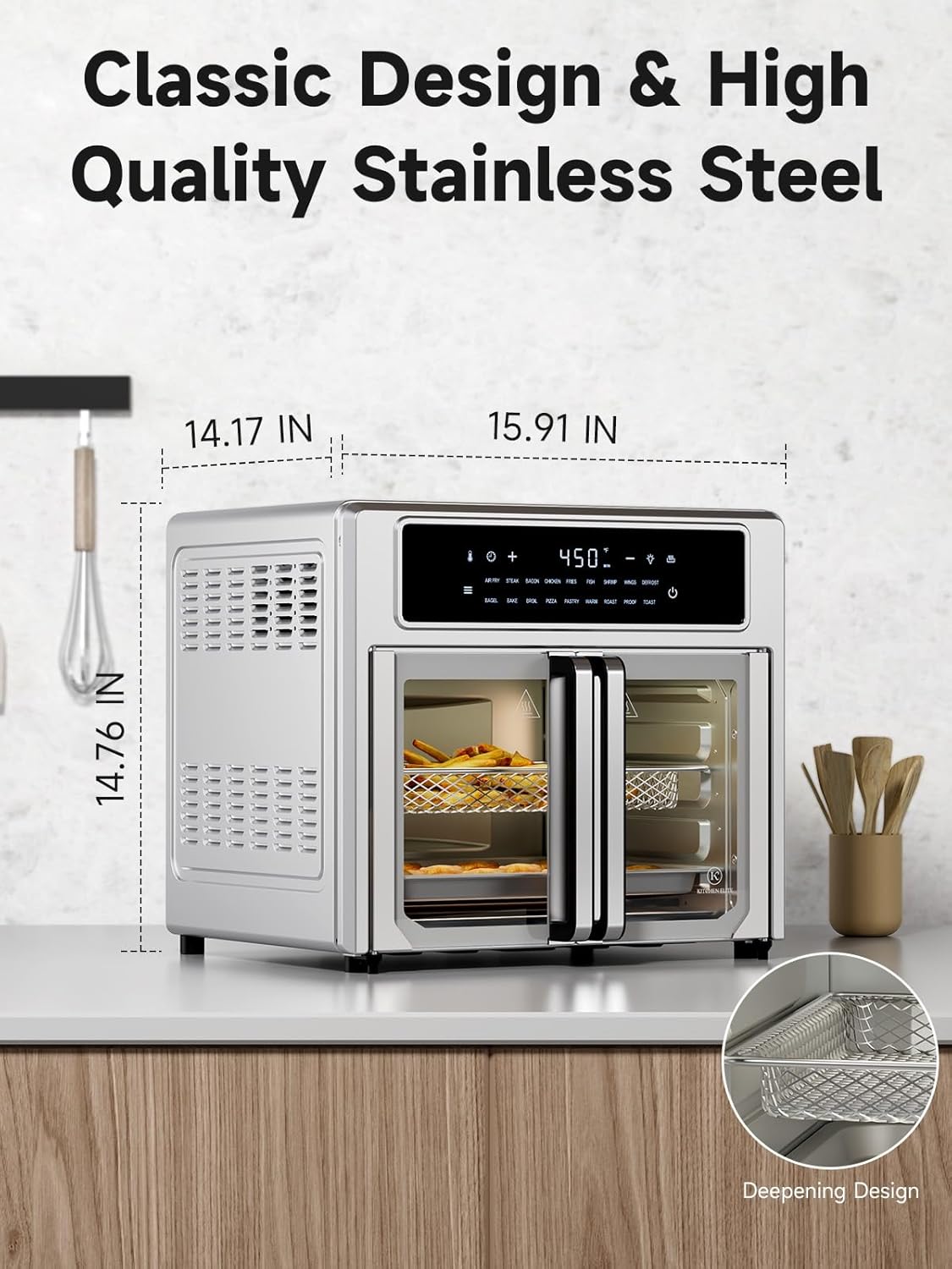 Kitchen Elite®Air Fryer French Door Oven,26.4 Qt Easy Cleanup & Use Large Countertop Toaster Oven Combo,18 Presets & 1 Preheat & 1 Light,Multi-Layer Cooking,4 Accessories,Stainless Steel