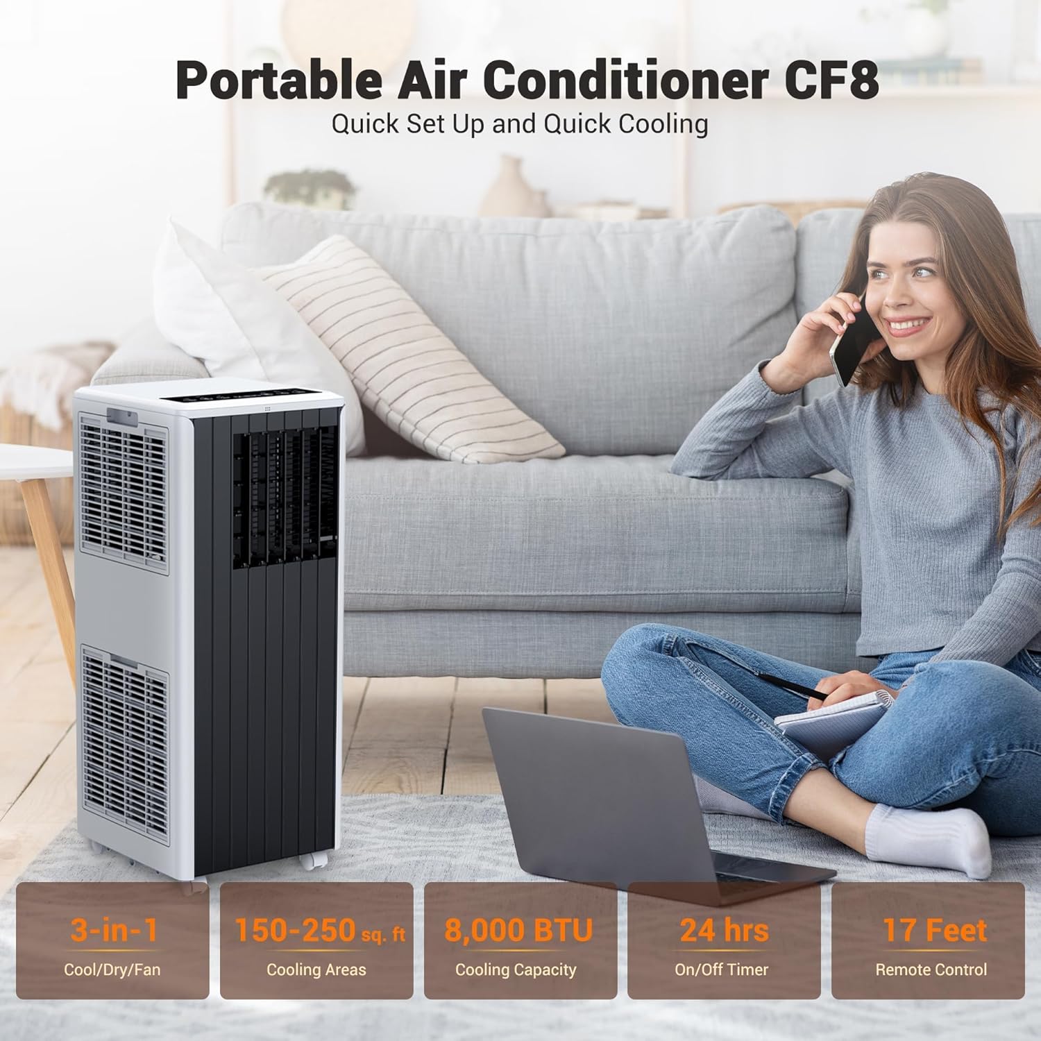 8000 BTU Portable Air Conditioner for Rooms Up to 350 Sq.Ft - 3-In-1 Cooling/Dehumidifier/Fan with Remote, Window Kit & Wheels, UltraQuiet Operation for Bedroom/Office/Living Room