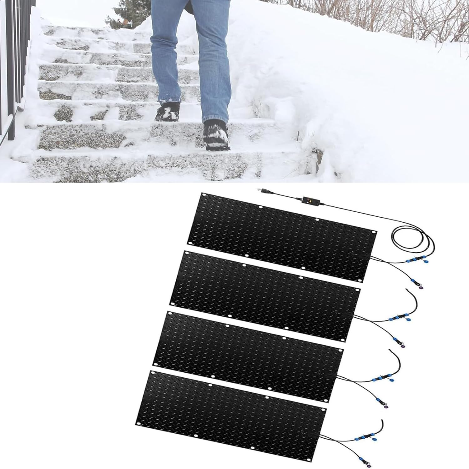 Snow Melting Stair Mats, 1/2/3/4/5 pcs Heated Snow Melting Mats, Non-Slip Rubber Snow and Ice Heated Pad, for Winter Outdoor Stairs, Steps, Doorways, Walkways, Driveway(4 Pcs,30x150cm/12x60in)