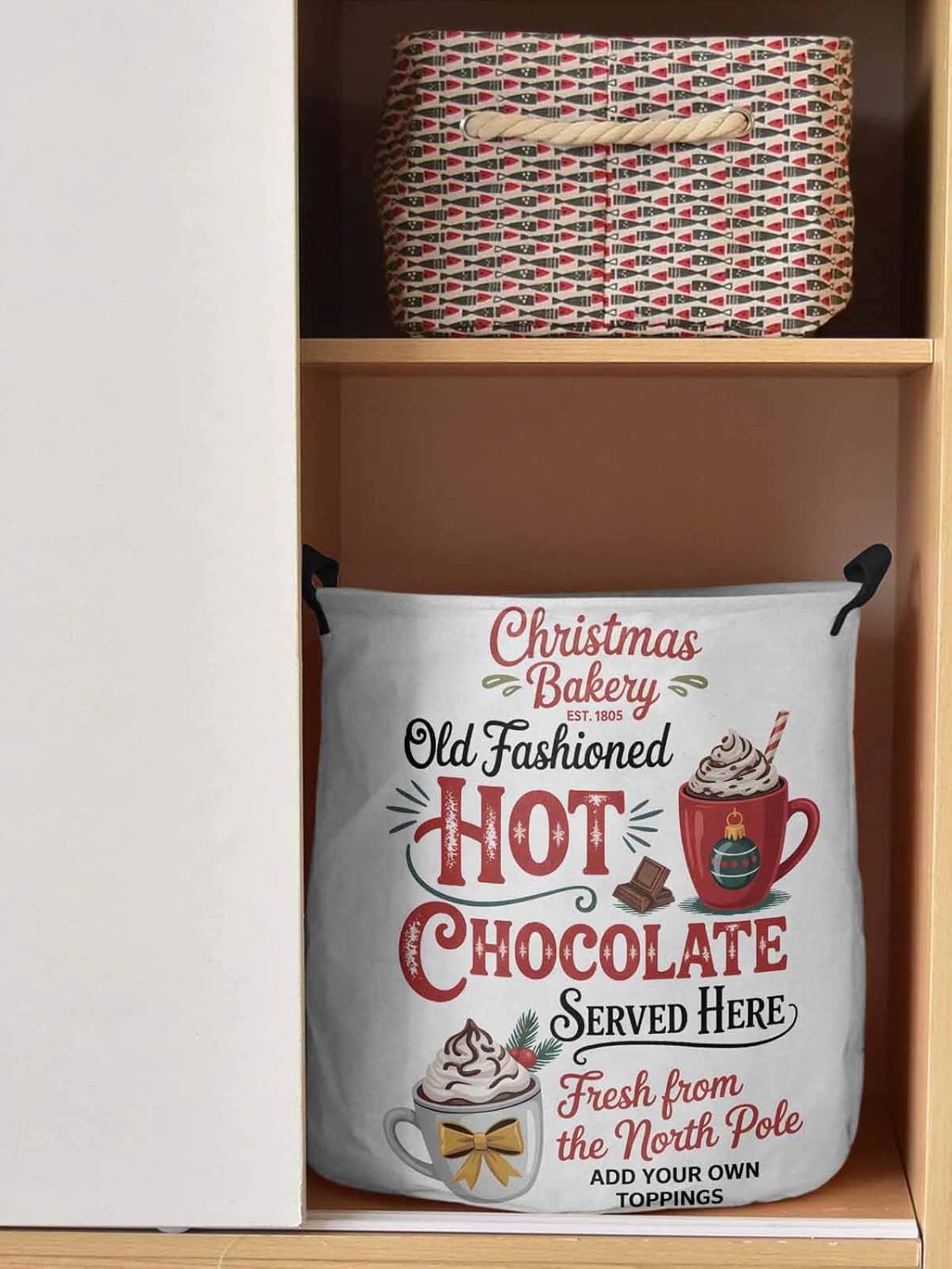 Collapsible Laundry Basket - 16.5 x 17 In Christmas Storage Bin Laundry Hamper with Handles, Hot Coco Merry Christmas Waterproof Clothes Baskets for Bedroom/Kids Room