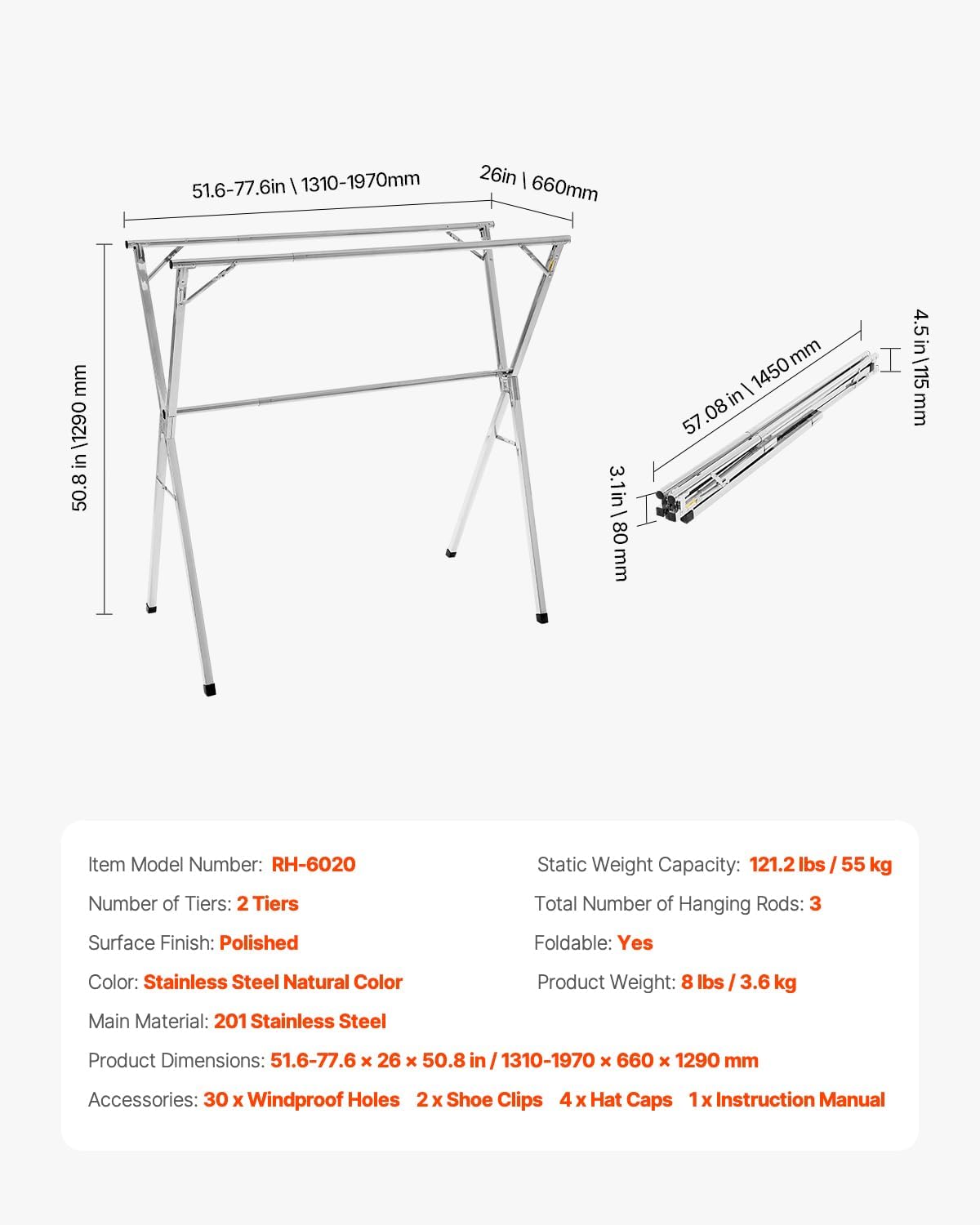 VEVOR Clothes Drying Rack, 2-Tier Telescopic Laundry Dryer Rack, Stainless Steel Drying Racks with 30 Windproof Holes and 2 Shoe Hooks, Free-Standing and Portable Hanger for Outdoor & Indoor Use
