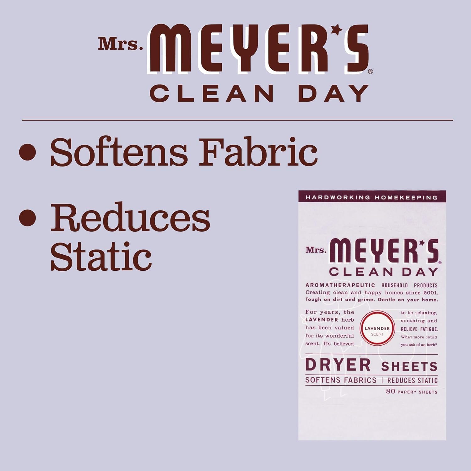 Mrs. Meyer's Clean Day Dryer Sheets, Lavender, 80 Count (Pack of 12)