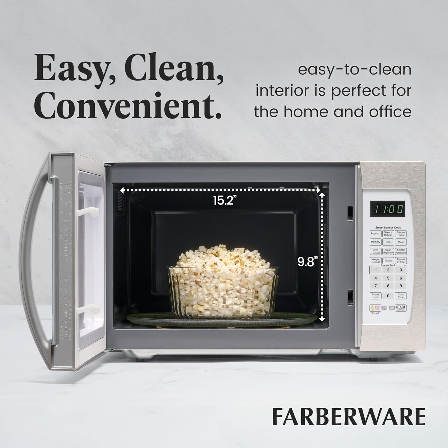 Farberware 1.3 Cu. Ft. Countertop Microwave Oven – 1100 Watts Power, Smart Sensor Auto Cook Settings, Defrost, Easy Clean and Child Safety Lock - White Platinum