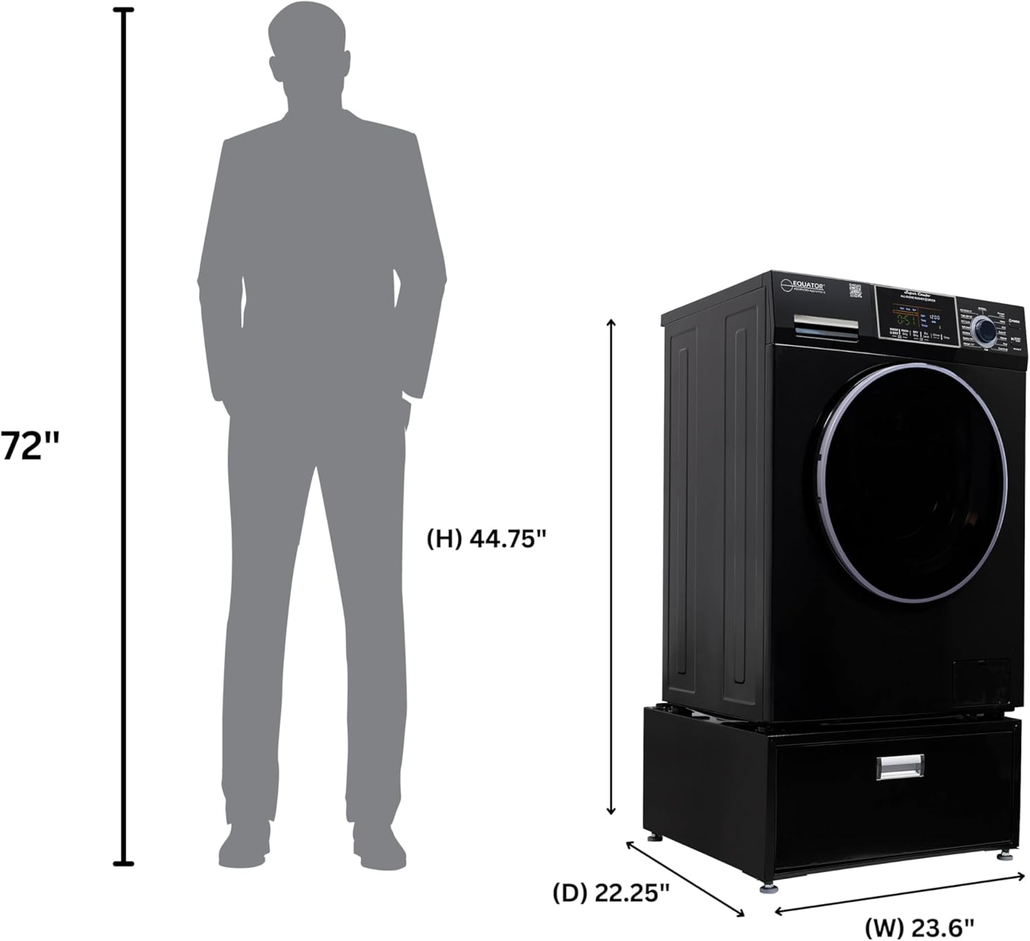 Equator All-in-one Washer Dryer Ventless FULLY BUILTIN 0-CLEARANCE 1.62cf/15lbs 110V 1400RPM with Pedestal + ADA (Black)