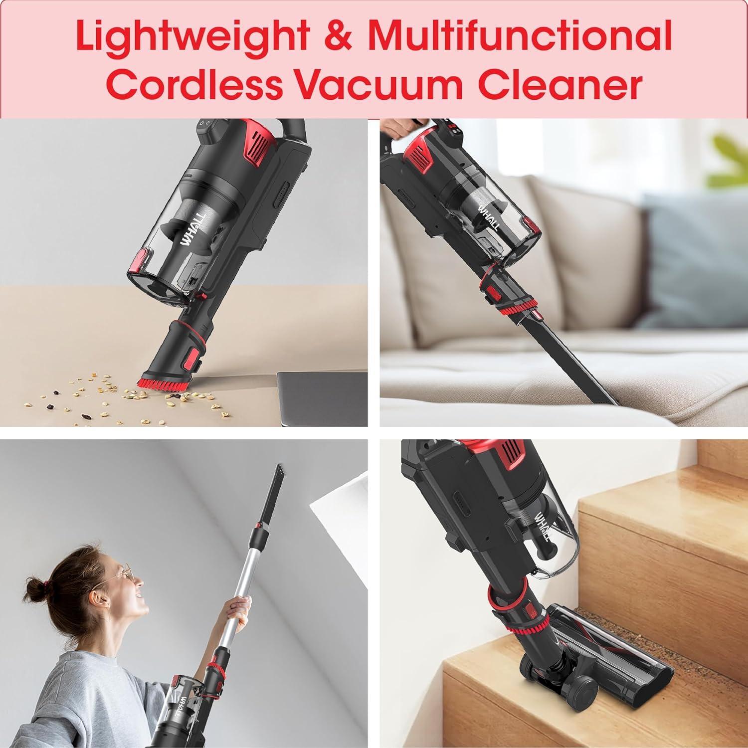 whall Cordless Stick Vacuum Cleaner, Vacuum Cleaner with Practical Multi-Functional Attachments with LED Display