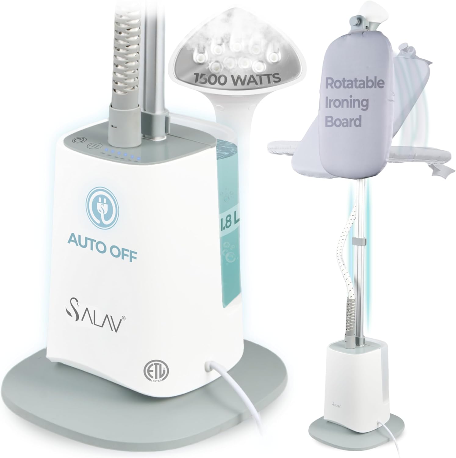 SALAV Standing Garment Steamer with Smart Auto-Off, Adjustable Comfort Board, 6 Steam Setting LED Display for Various Fabrics, Perfect for Families (Gray, Complete)
