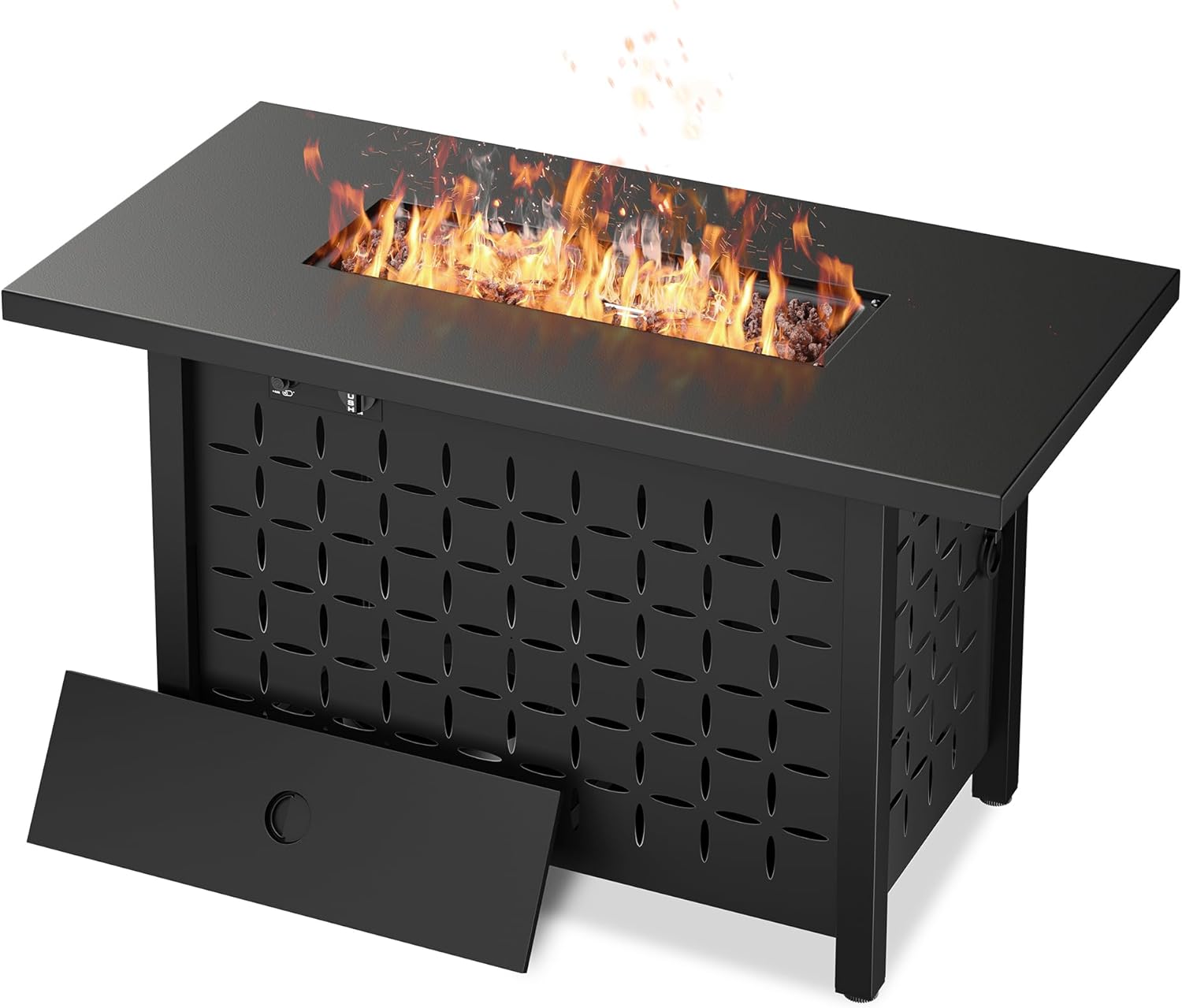 Vongrasig 43 Inch Propane Fire Pit, Outdoor Gas Fire Pit Table with Lid, Lava Rock, 50,000 BTU 2 in 1 Rectangular Table Top Firepit for Patio, Deck, Garden, Backyard