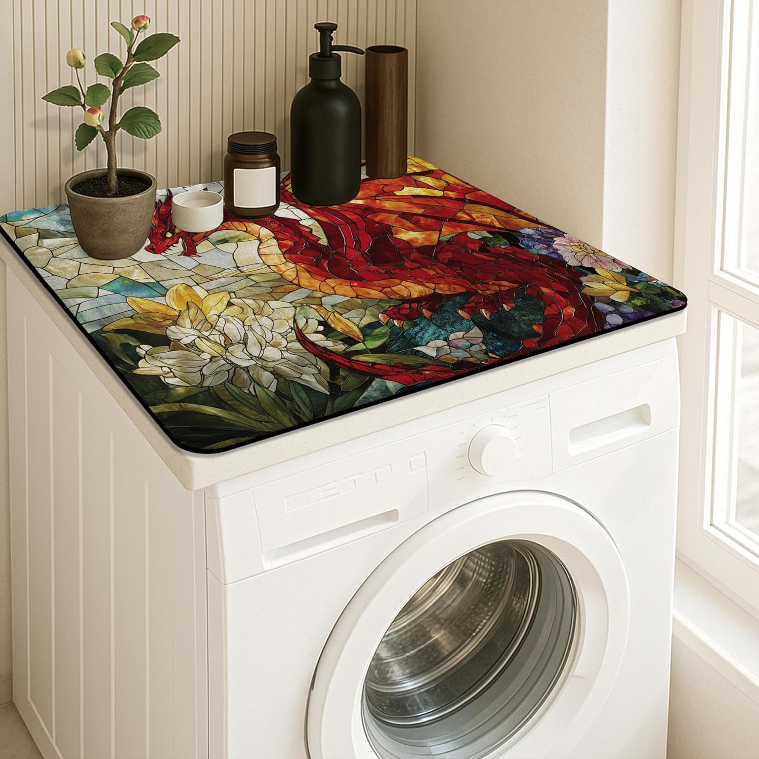 Stained Glass Dragon Washer Dryer Top Protector Mat, Red Fantasy Artwork Laundry Machine Dust Cover, Rubber Anti-slip Waterproof Mats for Home Decor 24x24 Inch