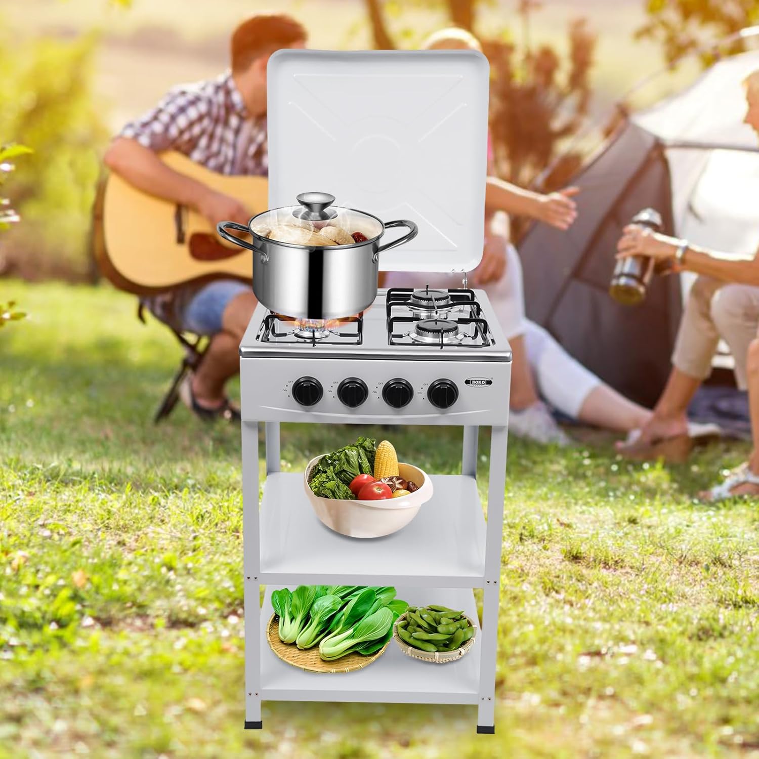 Portable Grill Gas Stove with 4 Burners, Heavy Duty White Propane Cooker Bbq Grill Camping Stove with Support Leg Bracket 2 Storage 300000 BTU Stove Propane for Cafeteria, Apartment, Outdoor Cooking
