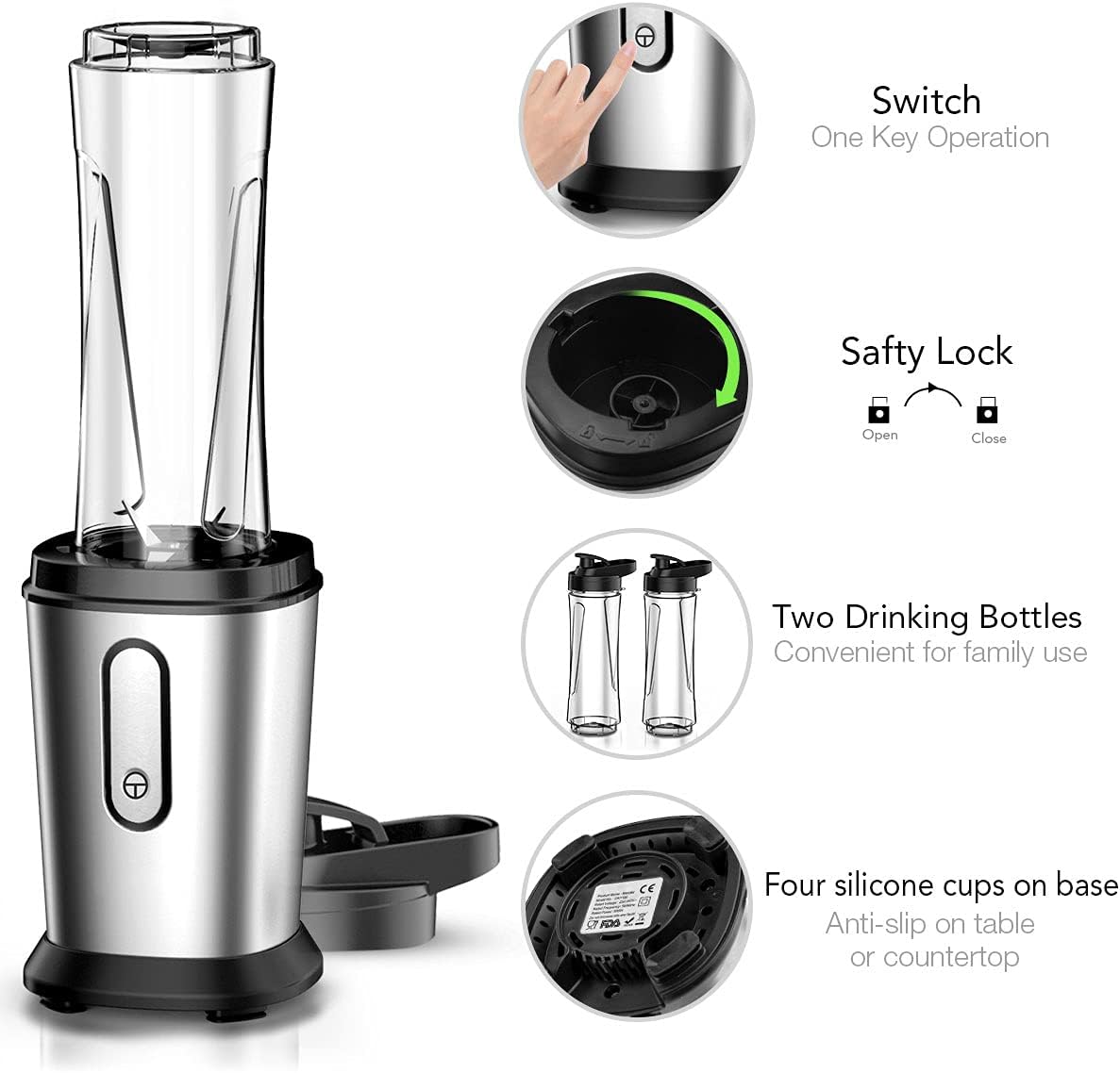 Electric Smoothie Blender, Powerful Small Blender with 2 Portable 20oz Tritan blender Bottles, BPA-Free with 4 Stainless Steel Blades, Mixer Smoothie Maker for Shakes and Smoothies
