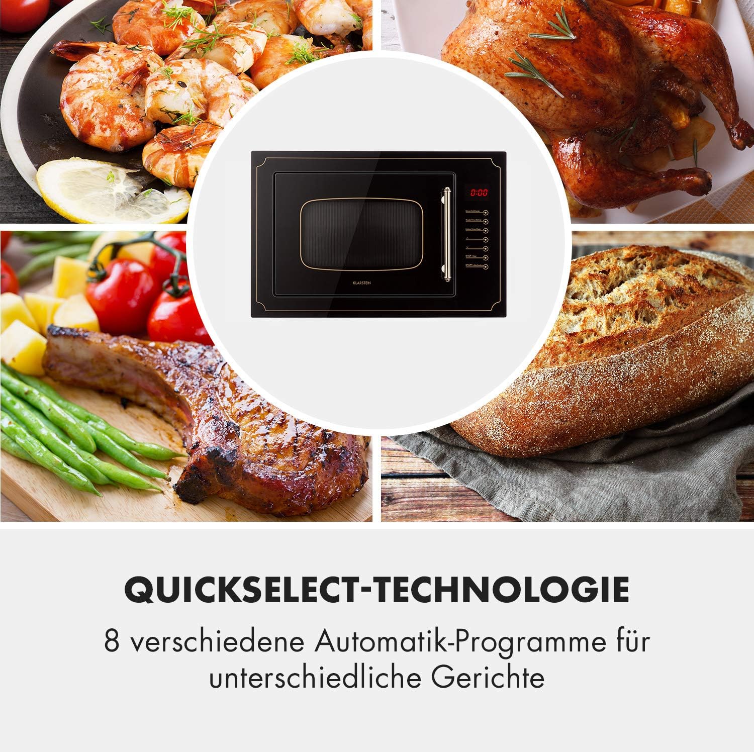 Klarstein Victoria 25 Built-in Microwave, Retro Design, 25L, 900W Microwave/1000W Grill Power, 2 Functions, Stainless Steel, Mounting Frame, Black