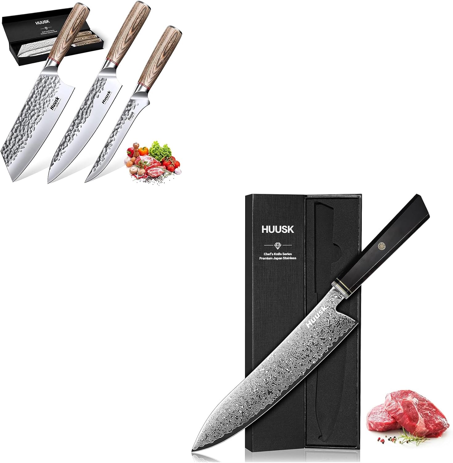 Huusk Damascus Chef Knife Bundle with Japanese Kitchen Knife Set of 3