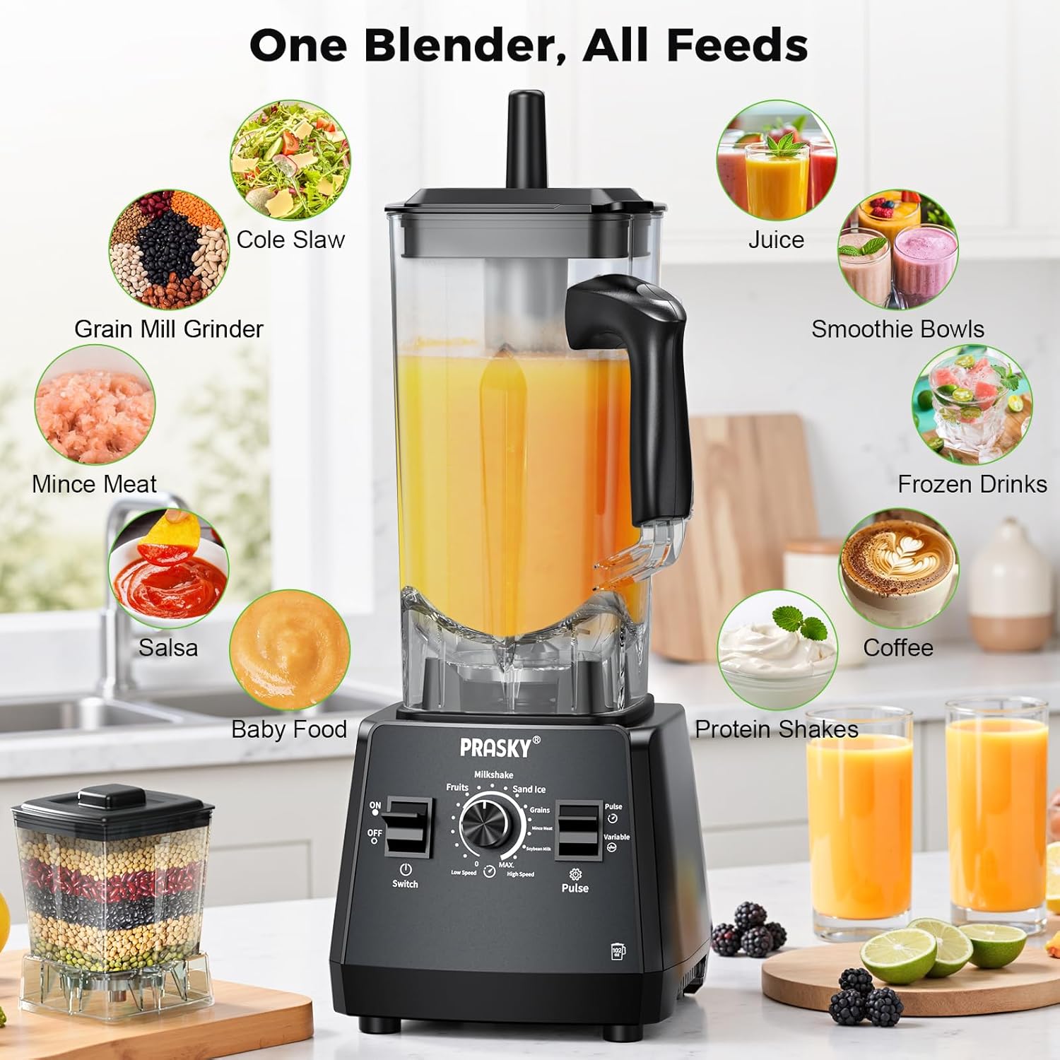 Blenders for Kitchen, Smoothie Blender Large Capacity, 2400W PRASKY Countertop Blender with 101oz Juice & Grinder Jar, BPA-Free, 25000 RPM Blender for Smoothies, Ice, Frozen Fruit (Gray, 3L)