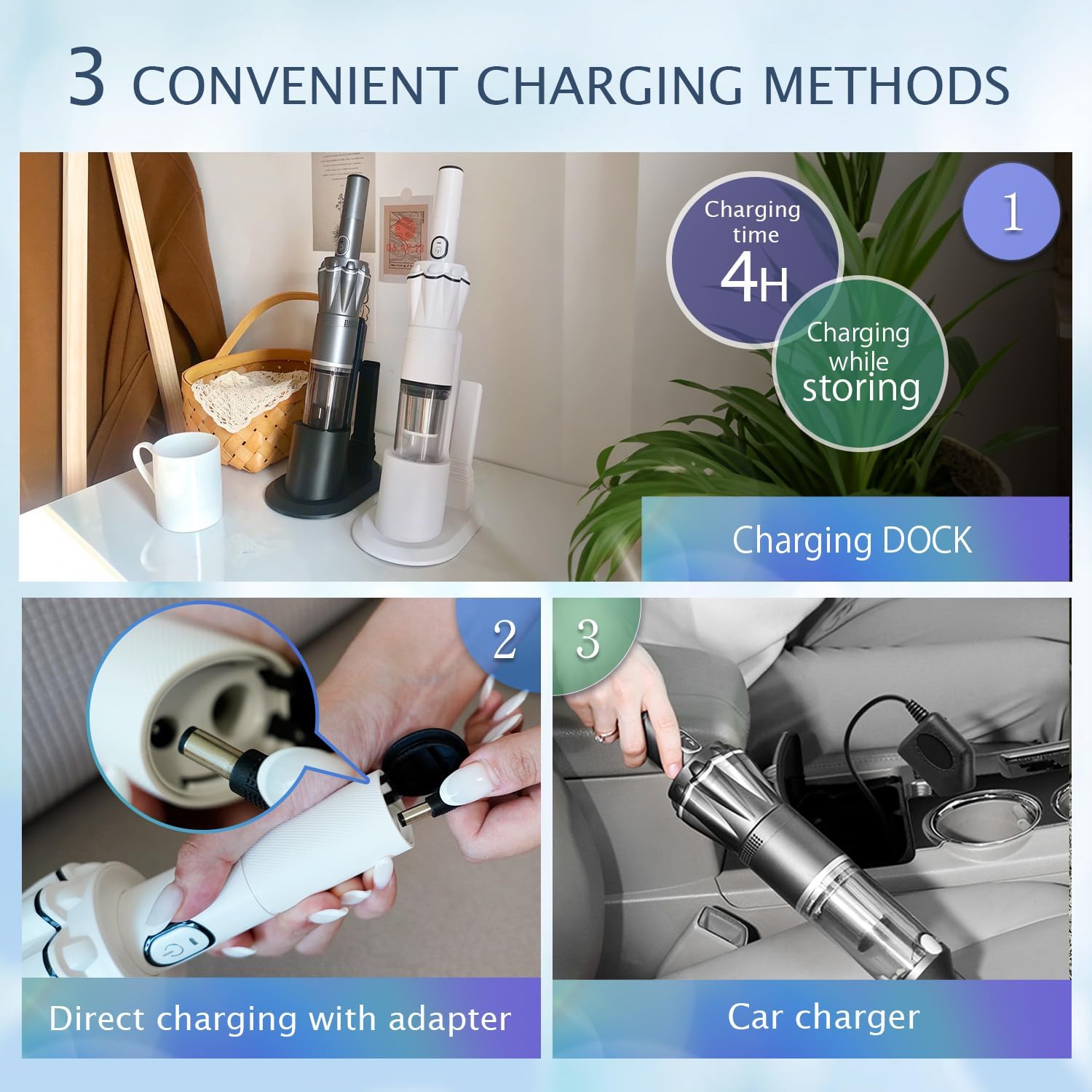 Handheld Vacuum Cordless 25000PA, Super Lightweight 1lb with Powerful Suction, Charging Dock, Car Charger, Single Touch Empty and Detachable Dust Cup, Portable Mini Car Vac, Gray