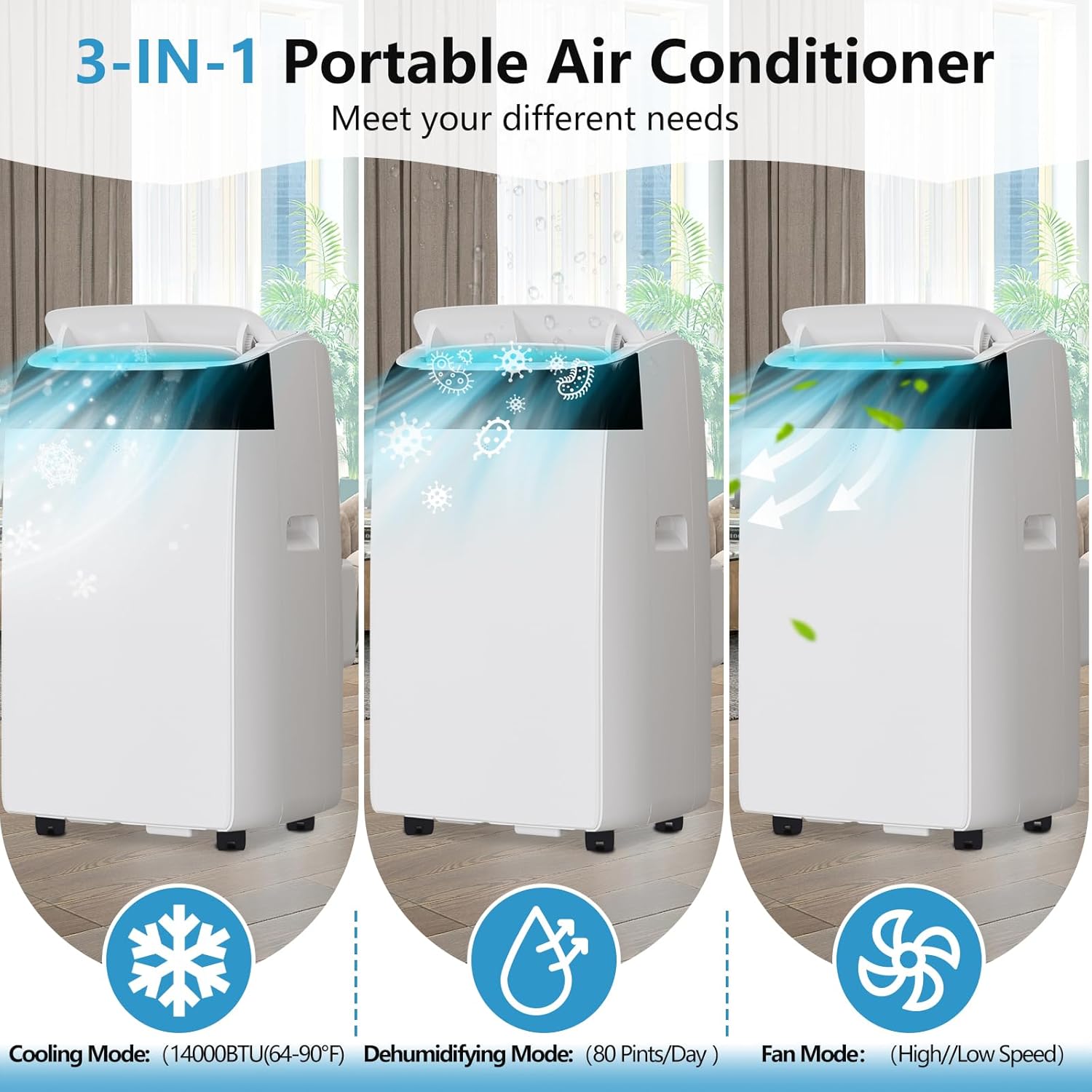 14,000 Btu Portable Air Conditioner, 3 in 1 Air Conditioner with Dehumidifier & Fan Modes, Energy-Efficient, Ultra-Quiet AC Unit with Remote Control & 24H Timer,White