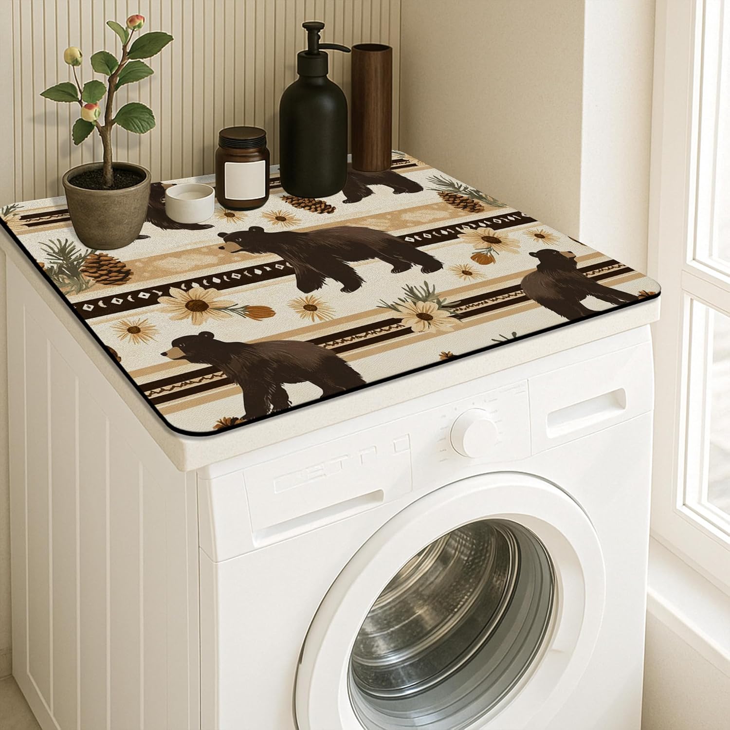 Bear Washer Dryer Top Protector Mat, Rustic Bohemian Floral Laundry Machine Dust Covers, Nature-Themed Protector for Home, Anti-slip Waterproof Washer And Dryer Mats 24x24 Inch