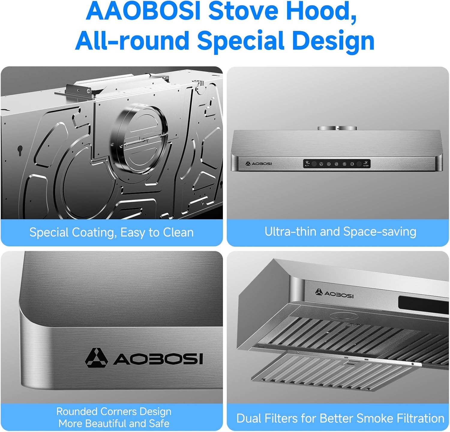 AAOBOSI Range Hood 30 inch Under Cabinet,700-CFM Gesture Sensing/Touch Control/Motor Upgrade Low Noise,3 Speed Range Hood with LED Lights Exhaust Fan, Stainless Steel Kitchen Vent Hood