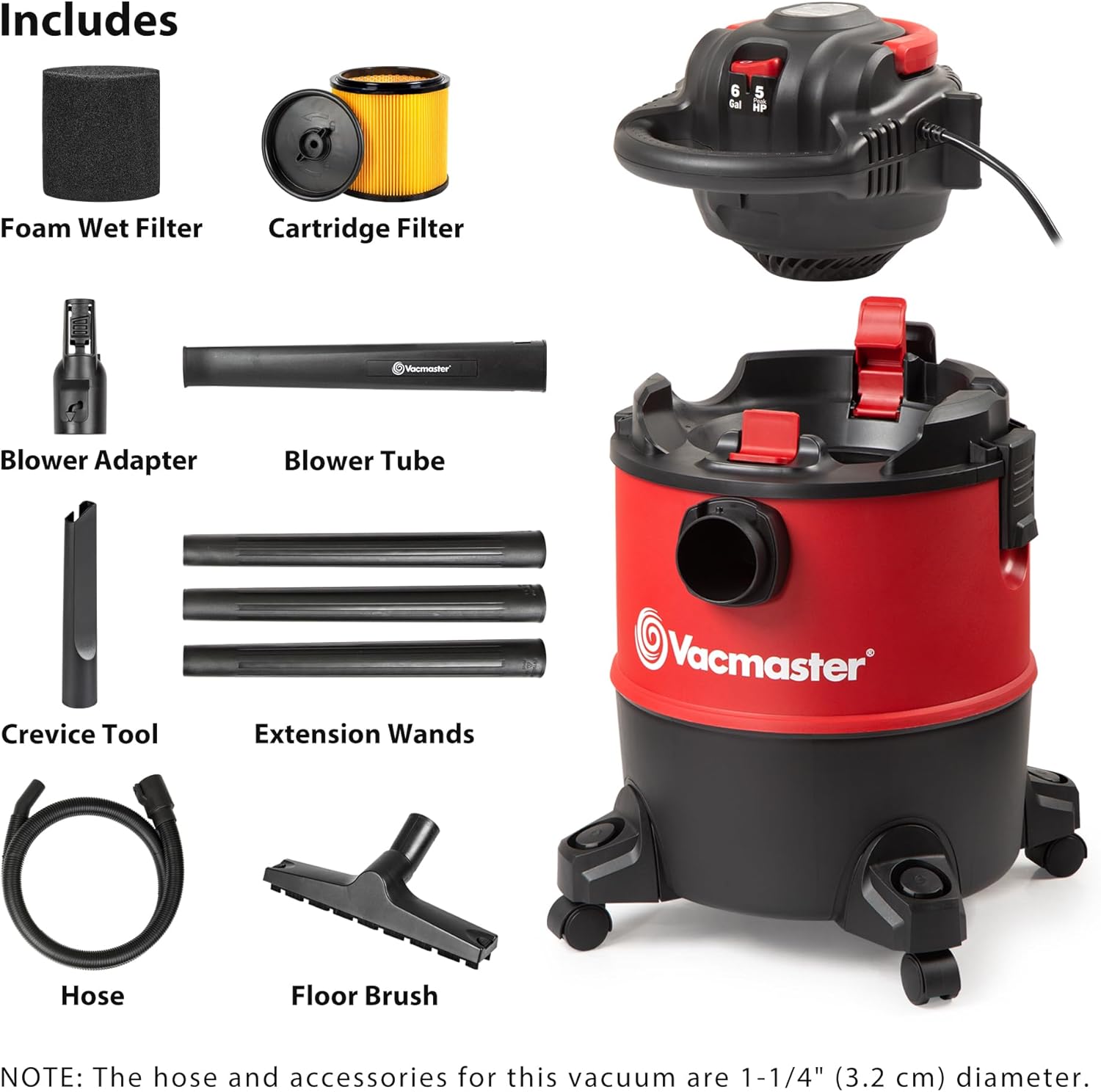 Vacmaster Wet/Dry Vacuum with Detachable Blower 6 Gallon 5 Peak HP-VBVB611PF 1101