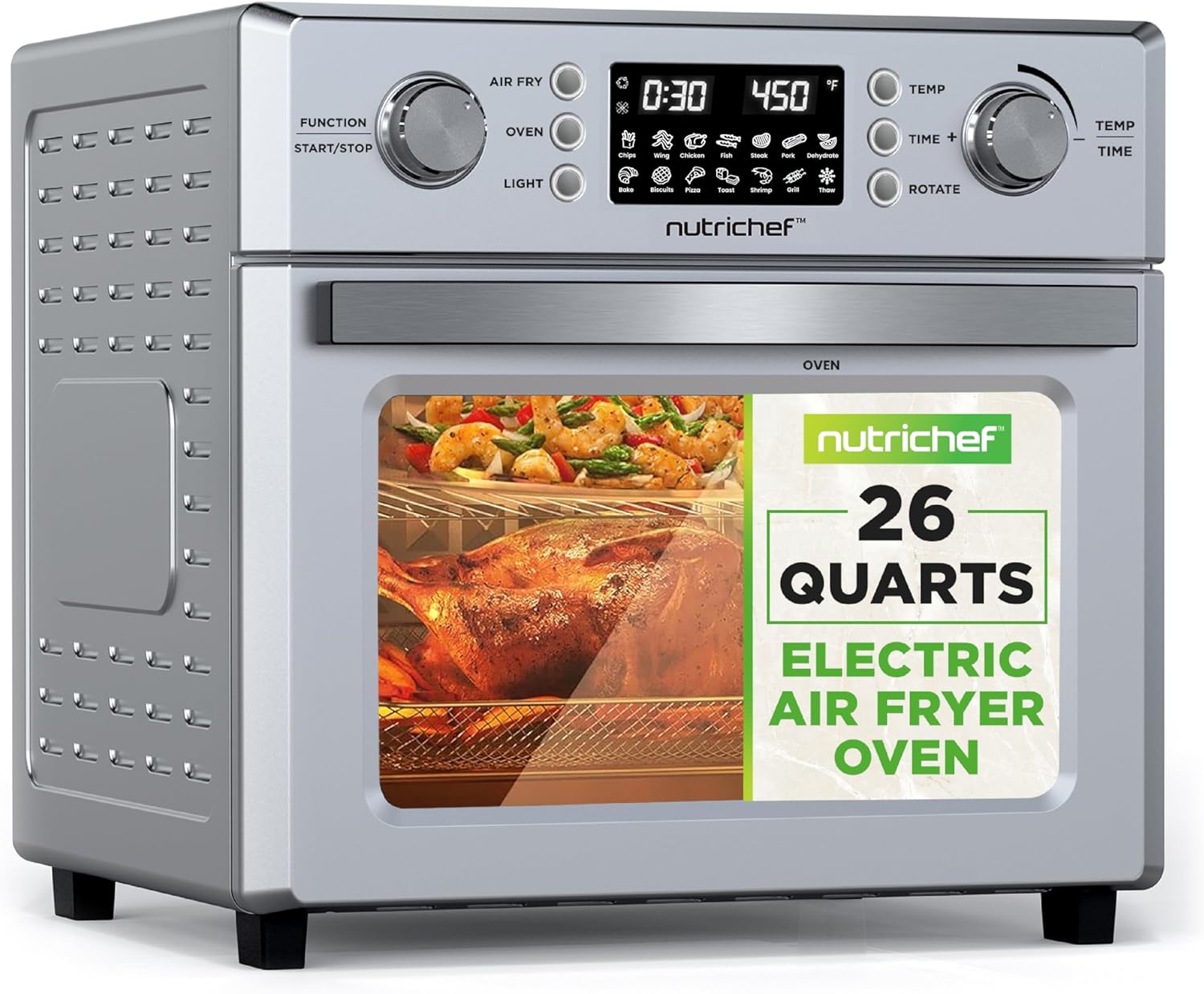 NutriChef 26QT Air Fryer Oven | Countertop Convection Toaster & Air Fryer | 360° Rotisserie Feature | 10 Digital Presets | Includes Drip Tray, Air Frying Basket & Bake Rack 15x16x14 | Stainless Steel