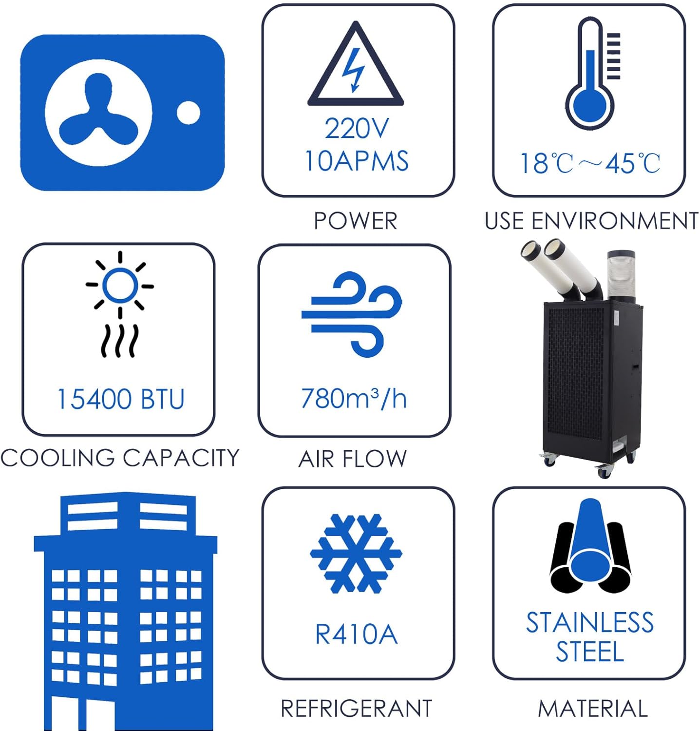 15,400 BTU Mobile Spot Cooler Double Columns Industrial Air Conditioners 780m³/h Portable Cooling Aircon for Outdoor/Indoor 220V 2100W