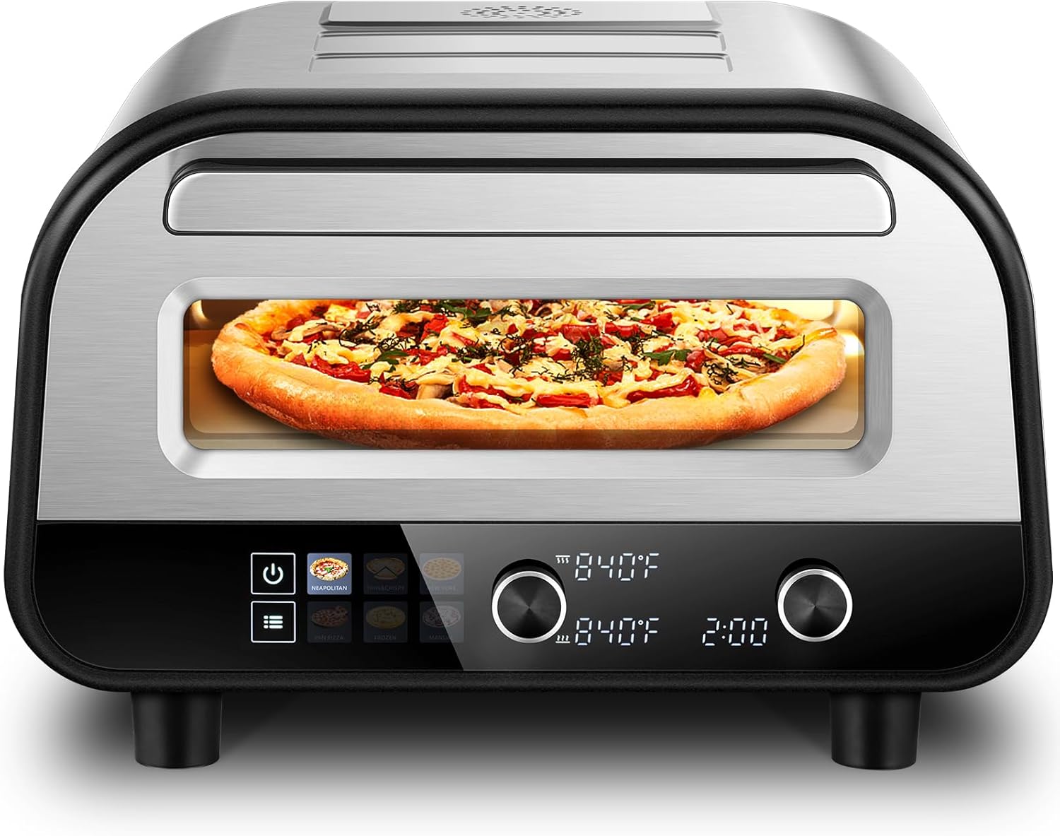 Upgraded Pizza Oven Heats up to 840°F Makes 12 Inch Pizzas in 90 Seconds Countertop Electric Pizza Maker with 6 Touchscreen Presets Pizza Stone & Peel Included - Stainless Steel
