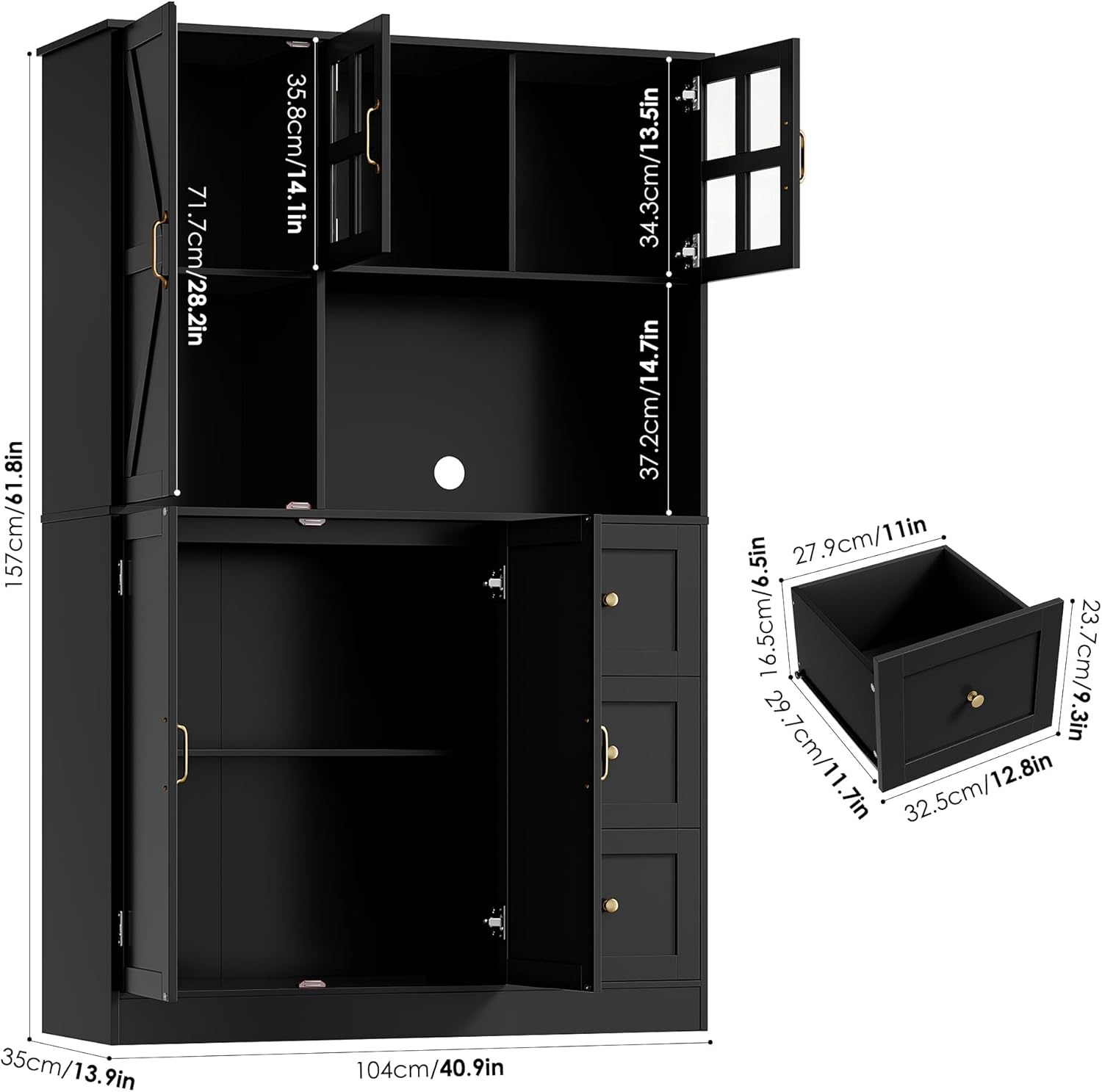 FINETONES Farmhouse Pantry Cabinet, Kitchen Pantry Storage Cabinet with Microwave Stand, Ktichen Hutch Food Pantry Cabinet with Open Countertop and Adjustable Shelf for Kitchen Dining Room, Black