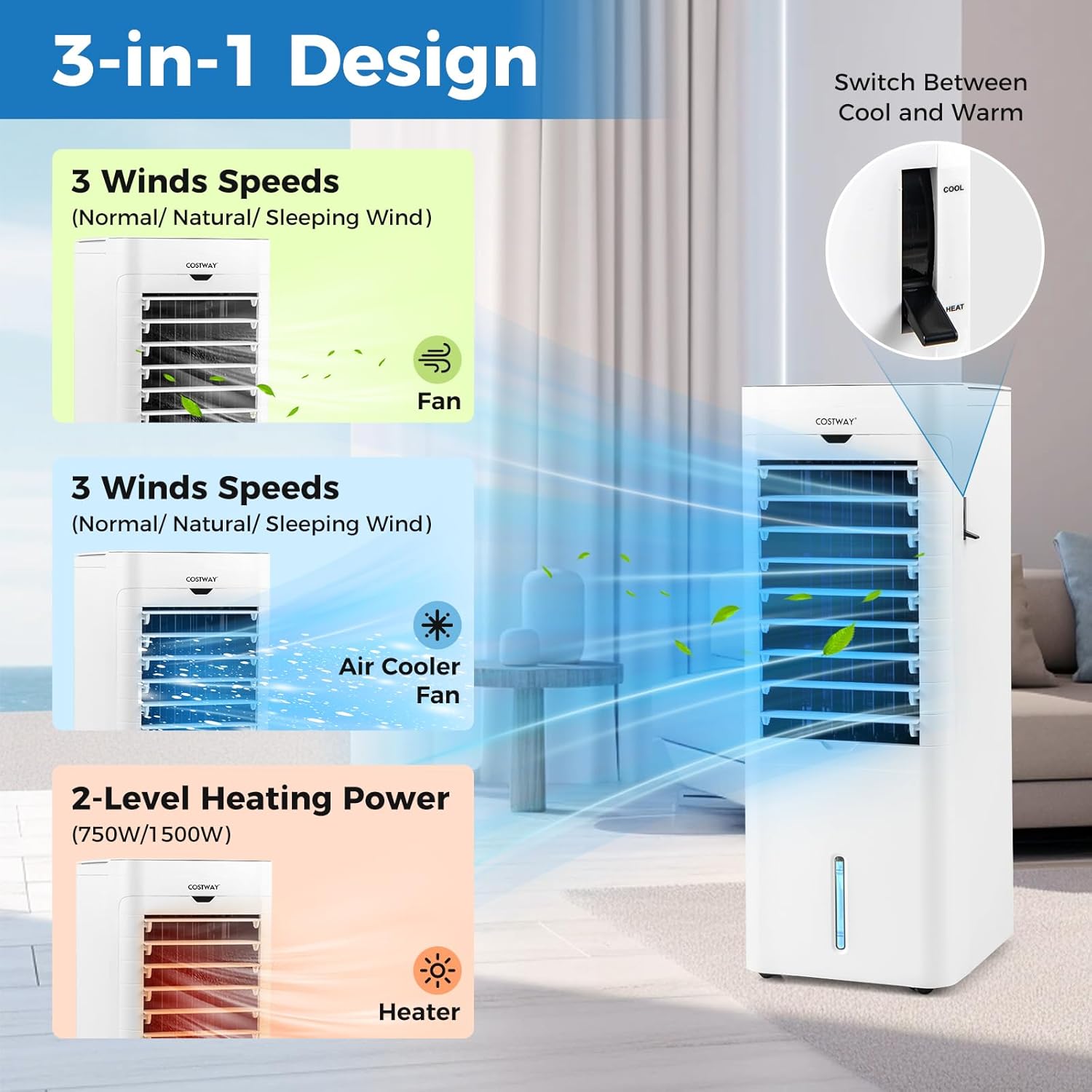 COSTWAY Evaporative Air Cooler and Heater, 3-in-1 Portable cooling fan with 3 Modes, 3 Speeds, 12-Hour Timer for Auto Off, 5.4L Water Tank, Control Panel, Swamp Cooler for Home Bedroom Office