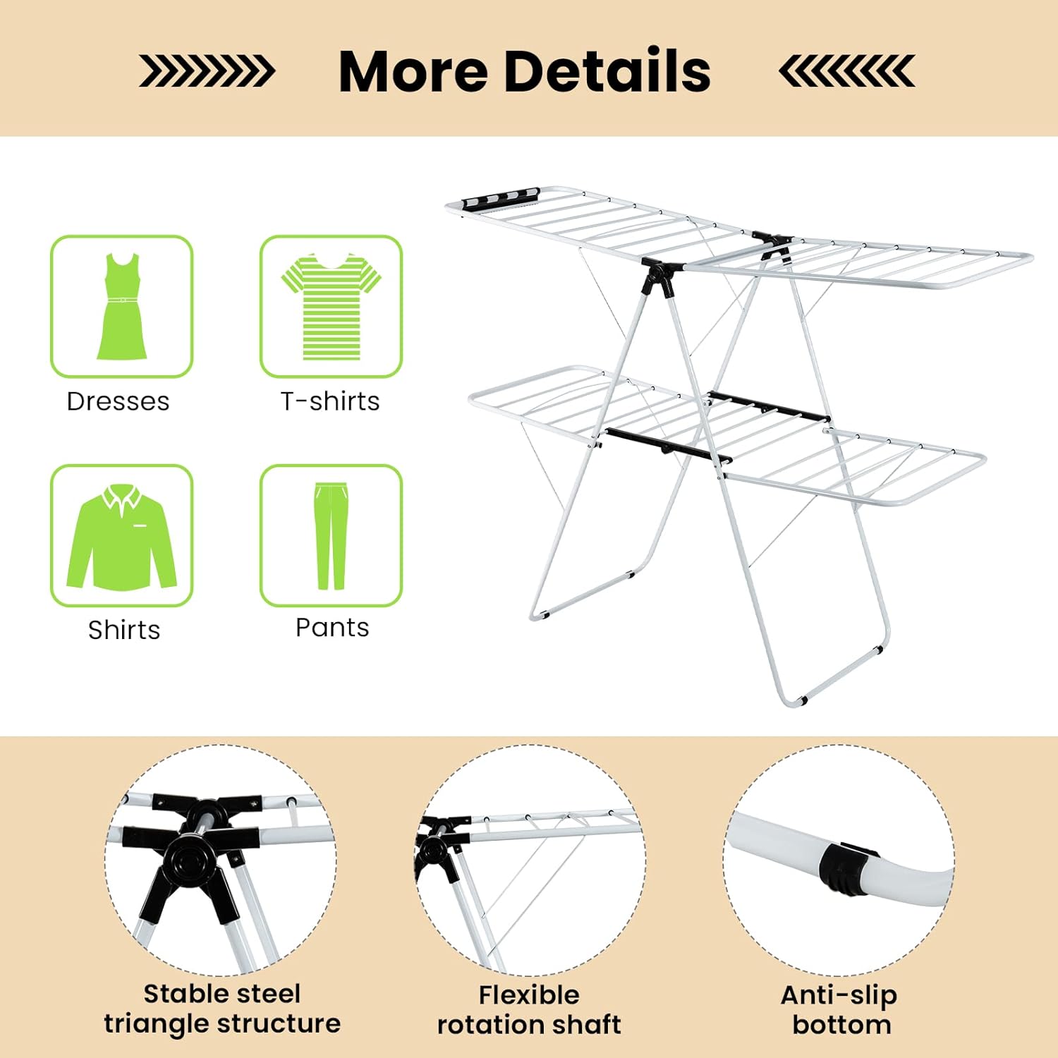 COSTWAY Clothes Drying Rack, Foldable 2-Level Laundry Drying Rack w/Height-Adjustable Wings, 33 Drying Rails & Sock Clips, Standing Large Drying Rack for Clothing, Indoor Outdoor Use