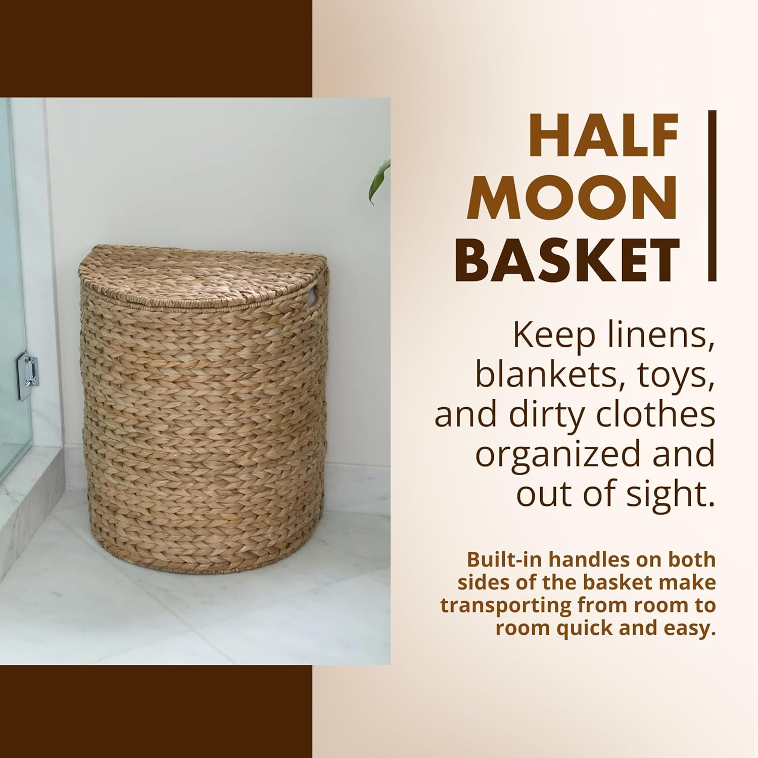 KOUBOO Seagrass Half Moon Basket, Handwoven Laundry Hamper Basket with Lid, Handles, & Removable Liner, Home Decor and Organization, Natural