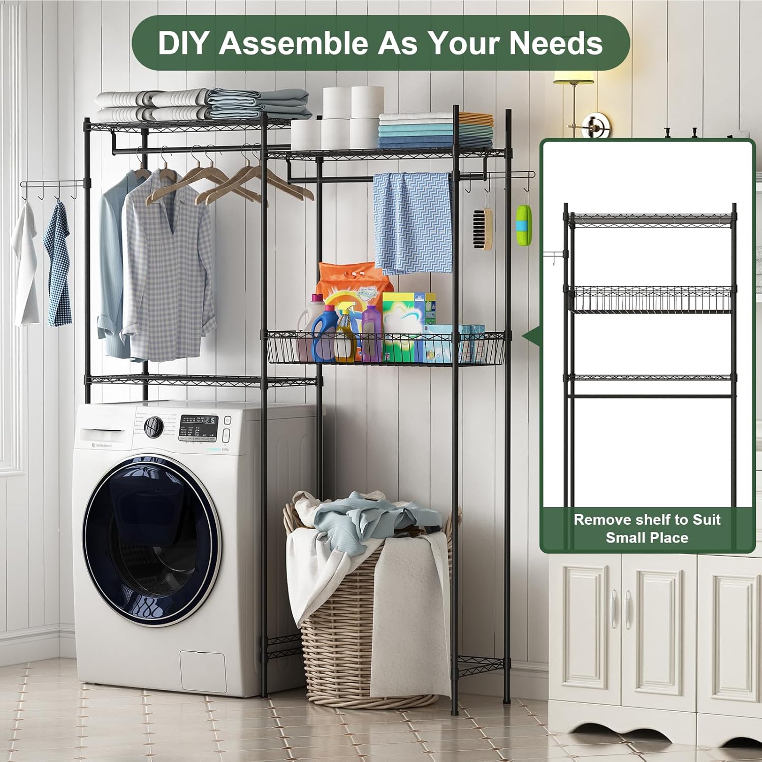GarveeHome Over Washer and Dryer Shelves, 57.4 in W Laundry Room Clothes Drying Rack, Height Adjustable Towel Racks with Hamper and Hooks, Space Saving Laundry Room Organization and Storage