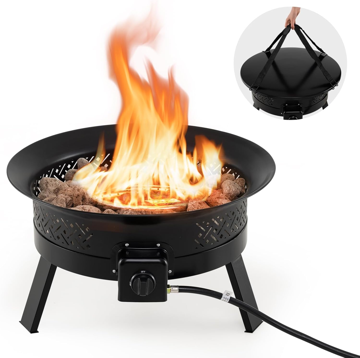 Tangkula Portable Propane Fire Pit, 24.5 Inch 58,000 BTU Smokeless Fire Bowl with Carry Strap, Lid & Folding Legs, Tank Base Holder, Outdoor Gas Fire Pit for Camping Patio Backyard