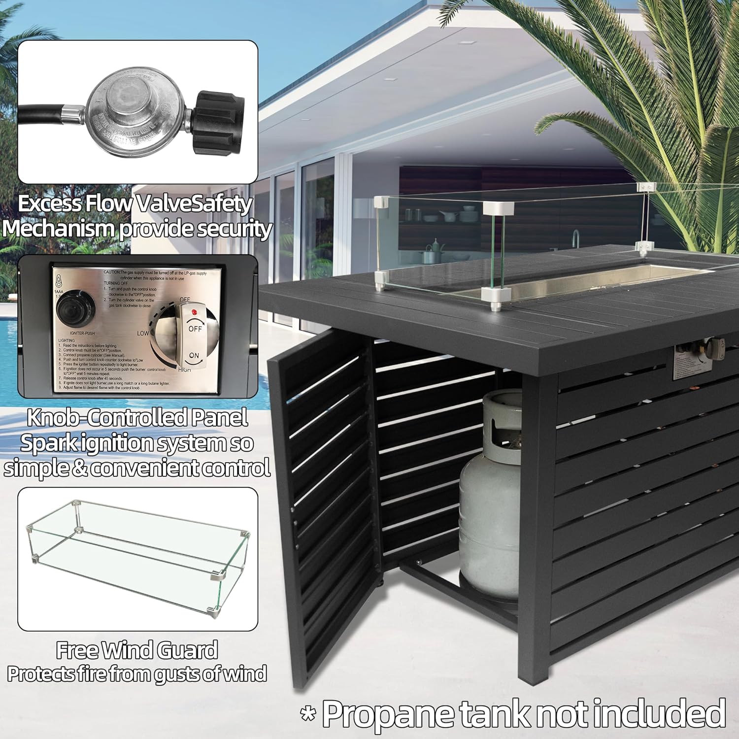 TWT 43.3 inch Outdoor Propane Fire Pit 2 in 1 Firepit Table Gas Fire Pit Table with Lid, Glass Wind Guard Rectangle Gas Firepit Table for Garden/Patio, CSA Certification (Dark Grey)